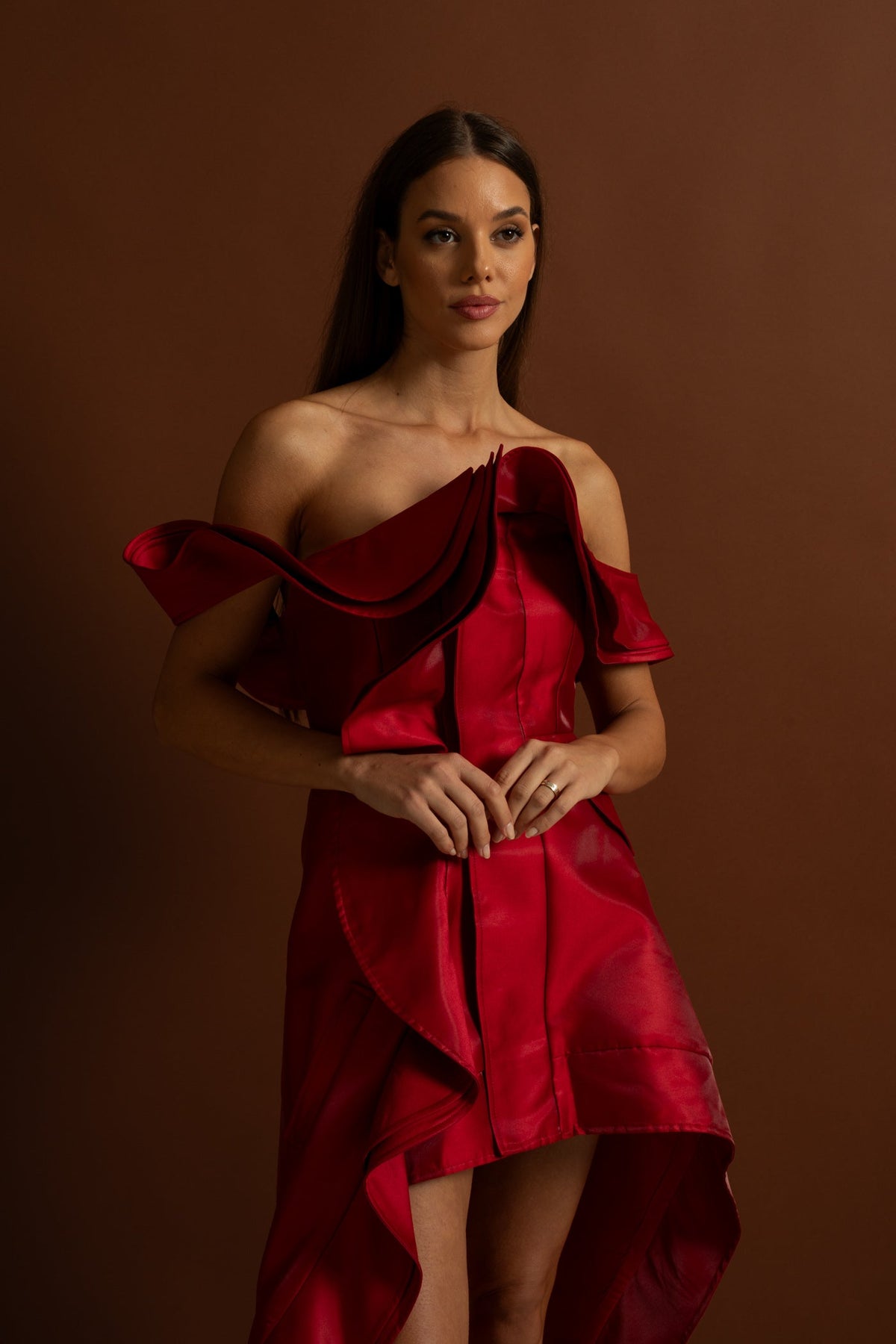 Off-Shoulder Ruffled High-Low Satin Dress – Crimson Red