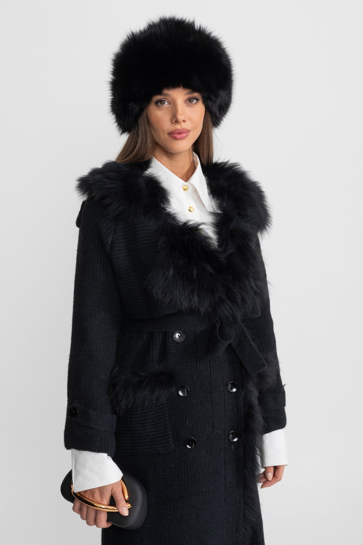 Double-Breasted Wool Knit Overcoat With Fur Trim – Black