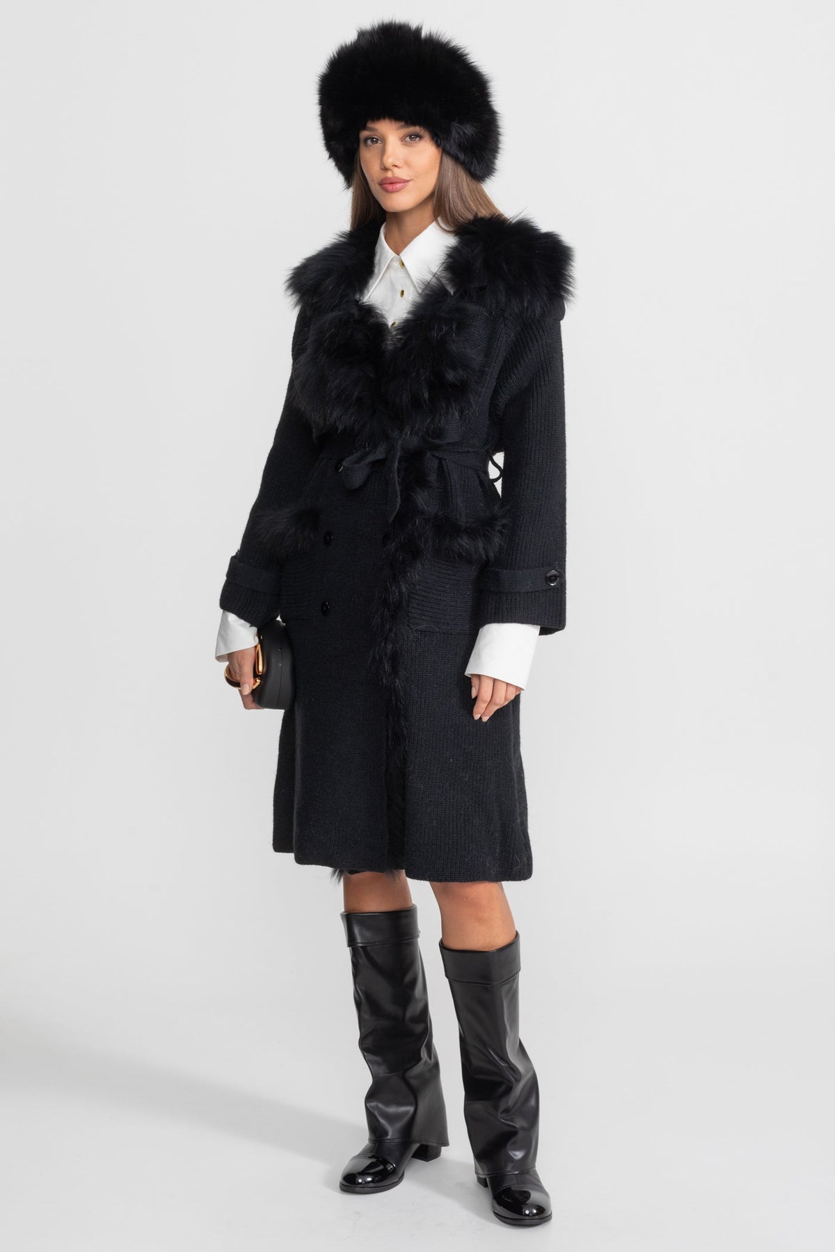 Double-Breasted Wool Knit Overcoat With Fur Trim – Black