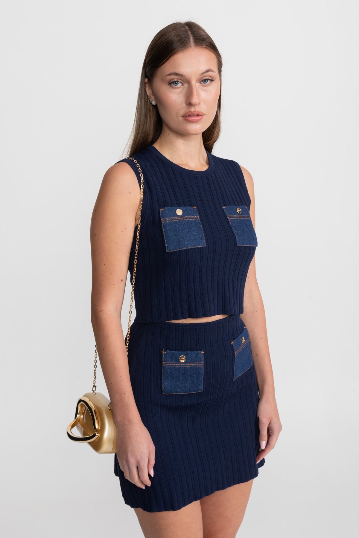 Ribbed Knit Co-ord Set with Contrast Denim Pockets - Dark Blue