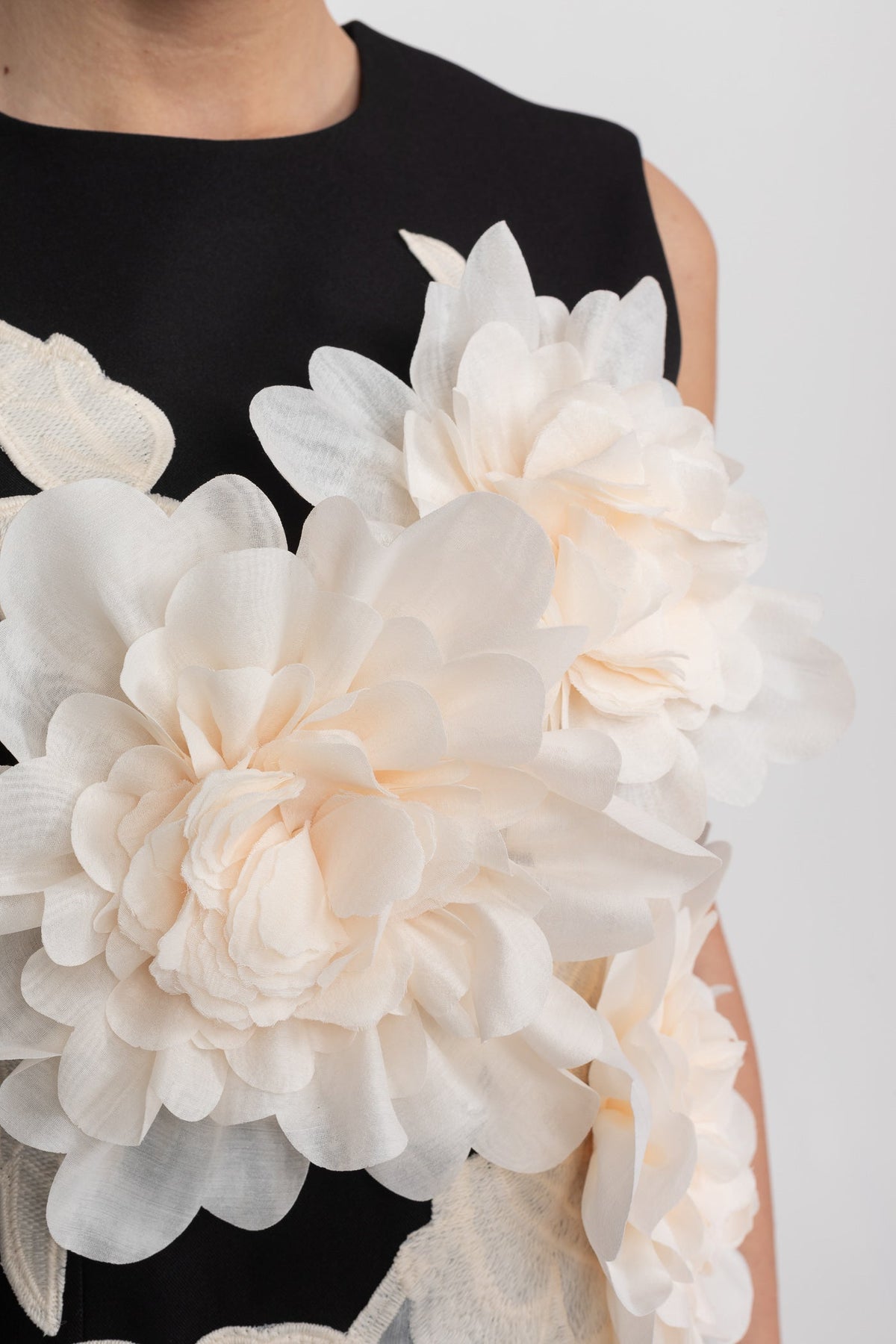 Sleeveless Mini Dress With Round Neckline And 3D Floral Appliqué - Black