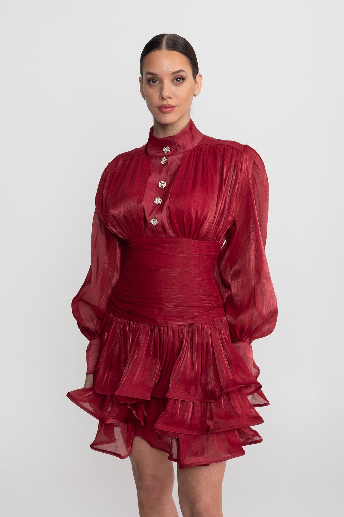 Draped Long Sleeve Mini Dress With Tiered Ruffle Skirt - Red