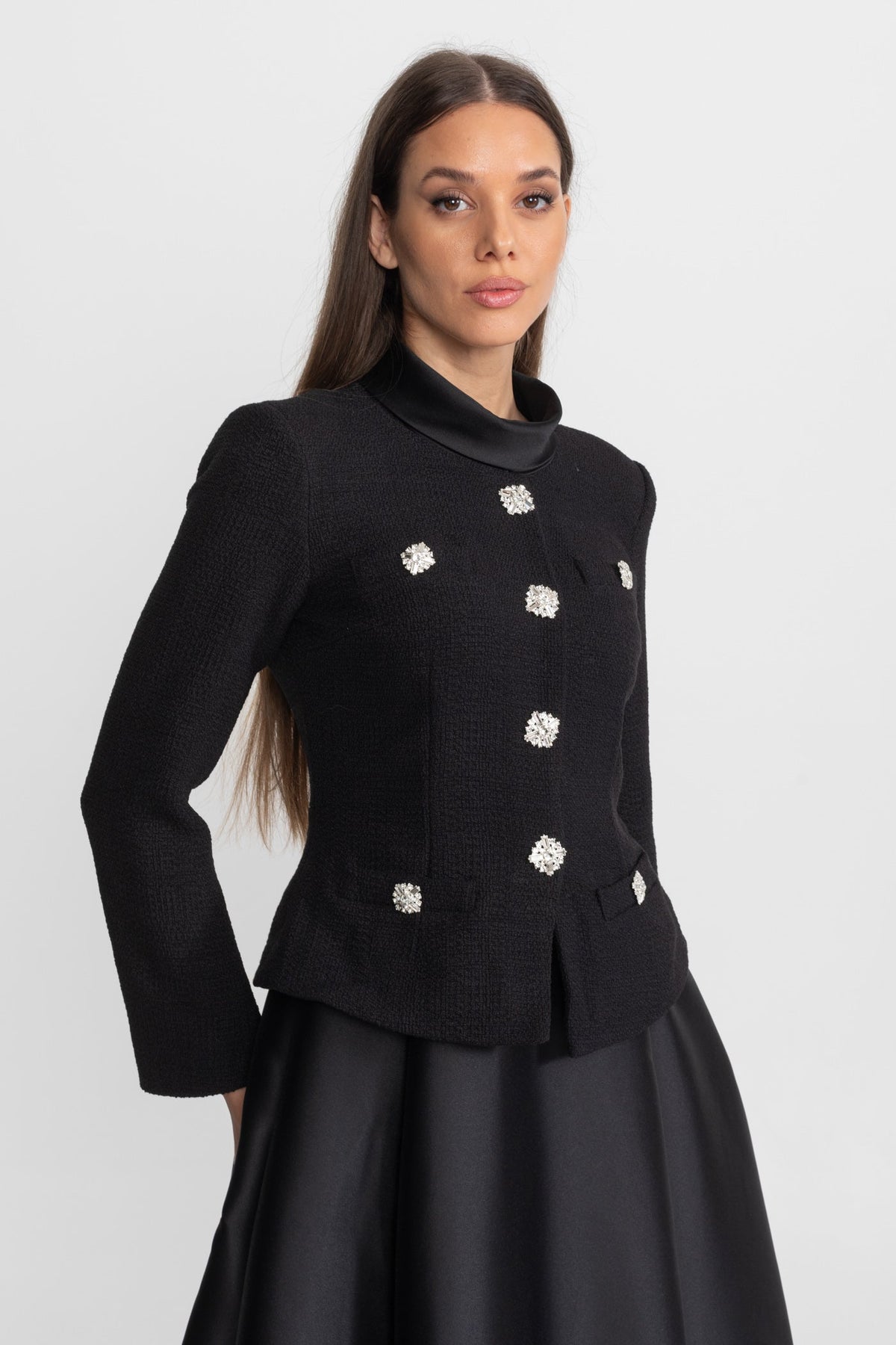 Structured Midi Dress with Embellished Jacket Overlay – Black