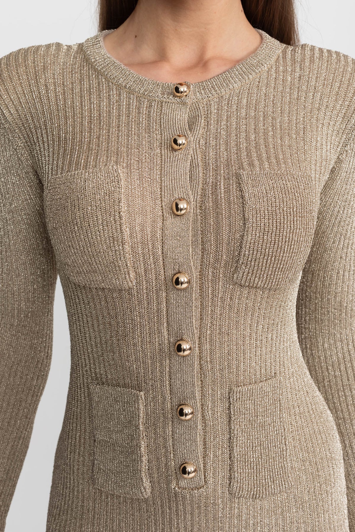 Ribbed Knit Mini Dress with Gold Button Front – Champagne