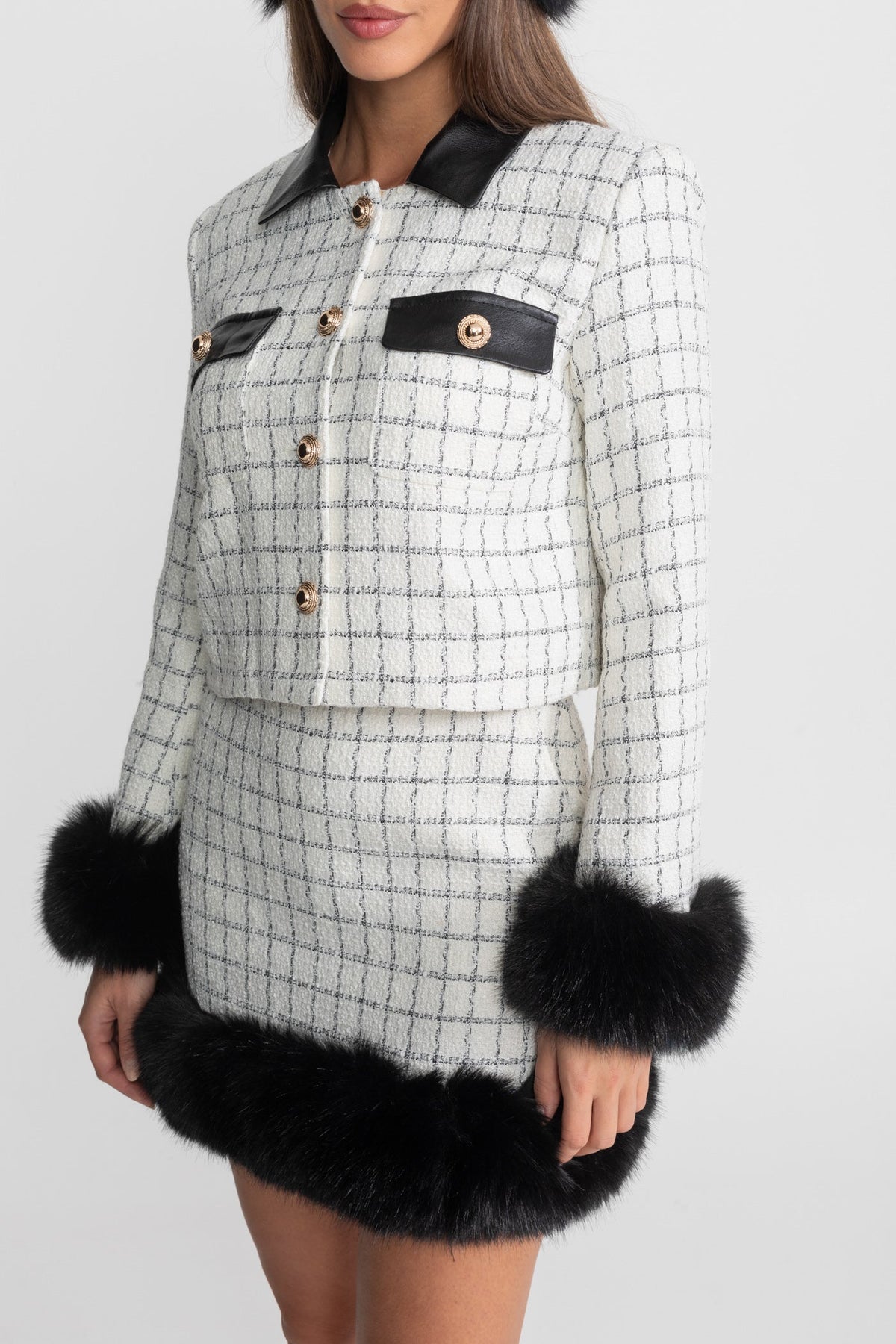 Tweed Co-Ord Set With Faux Fur Trim And Contrast Leather Details – White And Black
