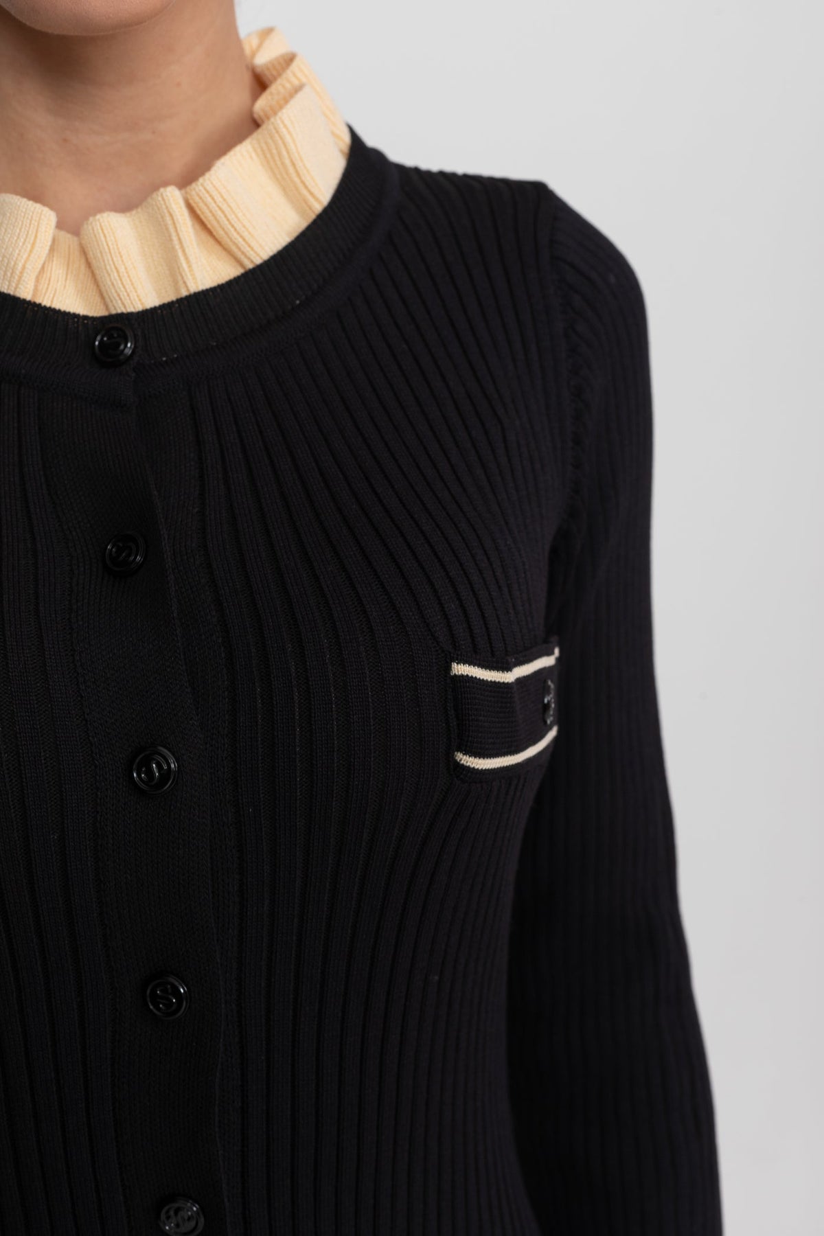Long Sleeve Midi Dress With Button-Through Front And Contrast Pocket Trim - Black
