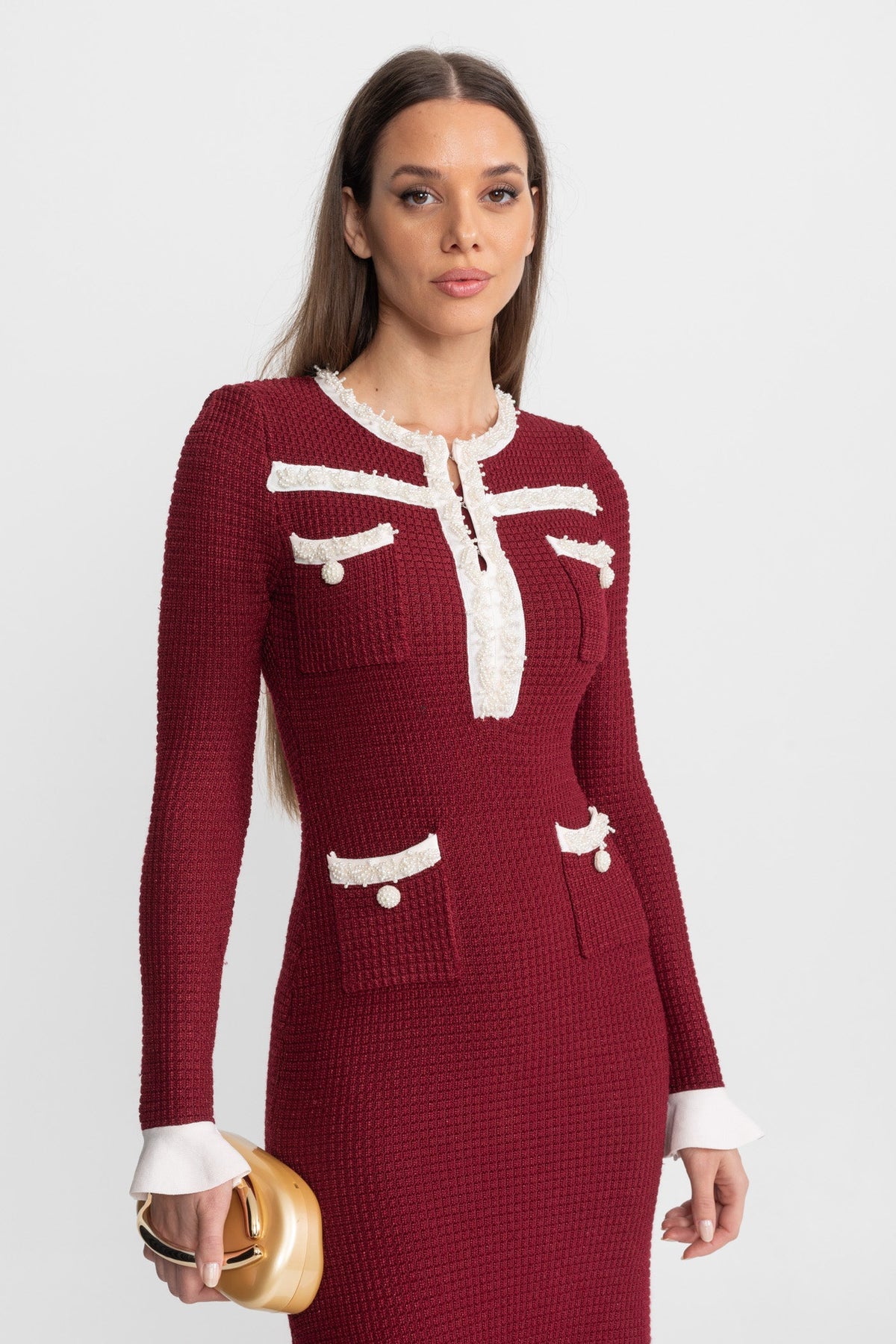 Textured Midi Dress with Contrast Embroidered Trim – Burgundy