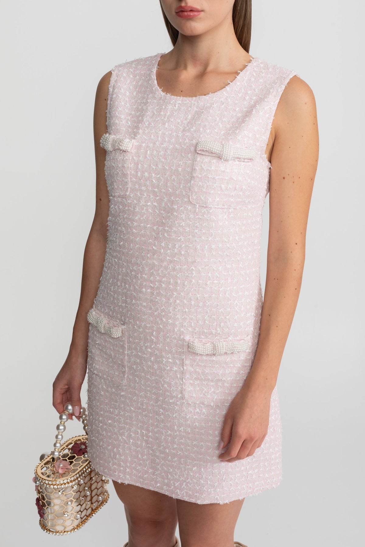Embellished Tweed Mini Dress With Delicate Pearl Trim - Light Pink