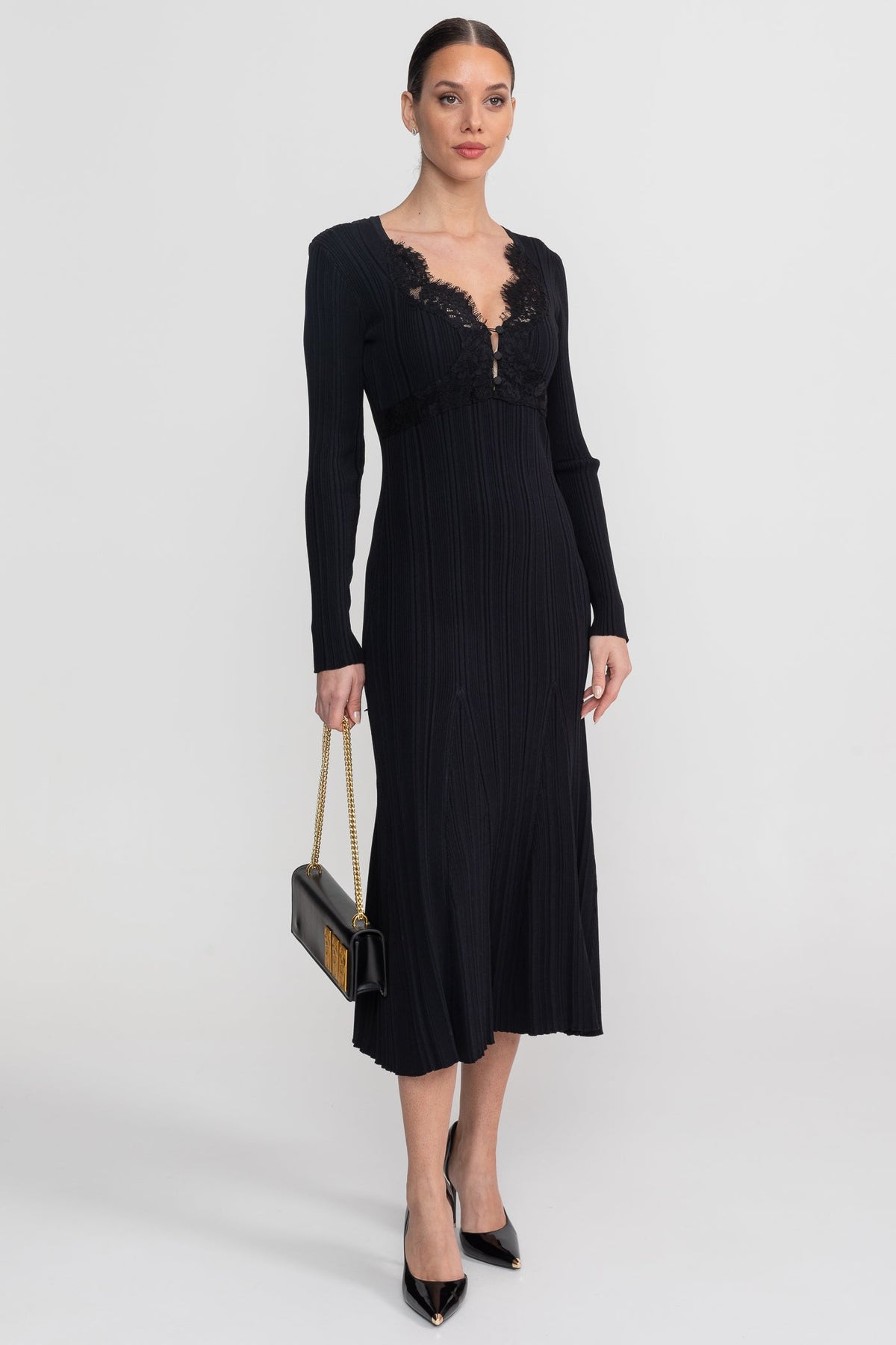 Ribbed Long Sleeve Midi Dress With Lace-Trim V-Neckline - Black