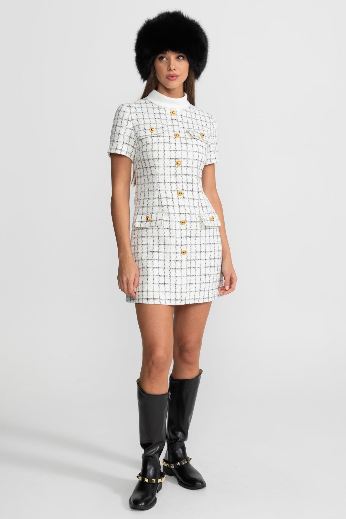 Short Sleeve Tweed Mini Dress With Contrast Collar – White And Black