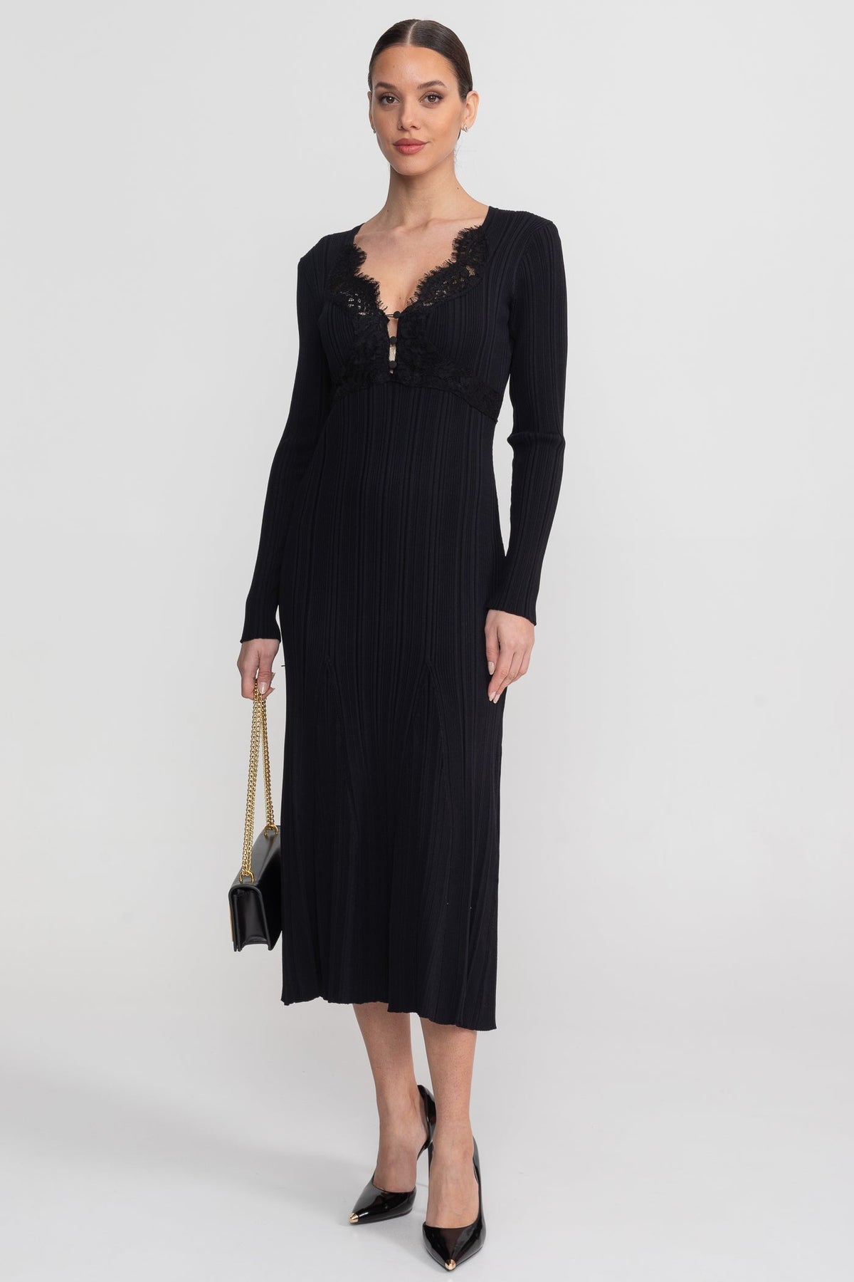 Ribbed Long Sleeve Midi Dress With Lace-Trim V-Neckline - Black