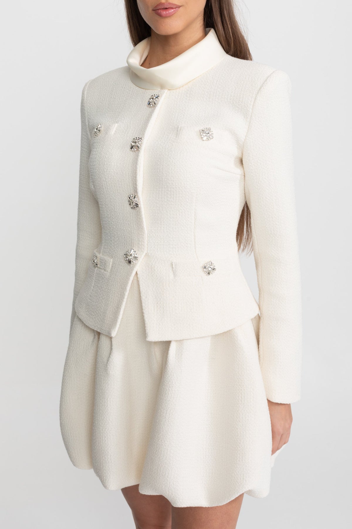 Textured Mini Dress with Crystal Button Embellishments – Ivoire