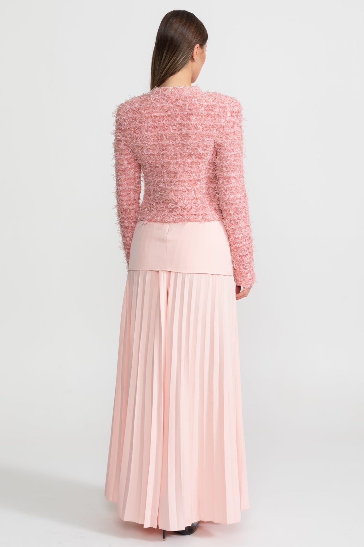 Textured Tweed Jacket With Gold Button Embellishments – Pink