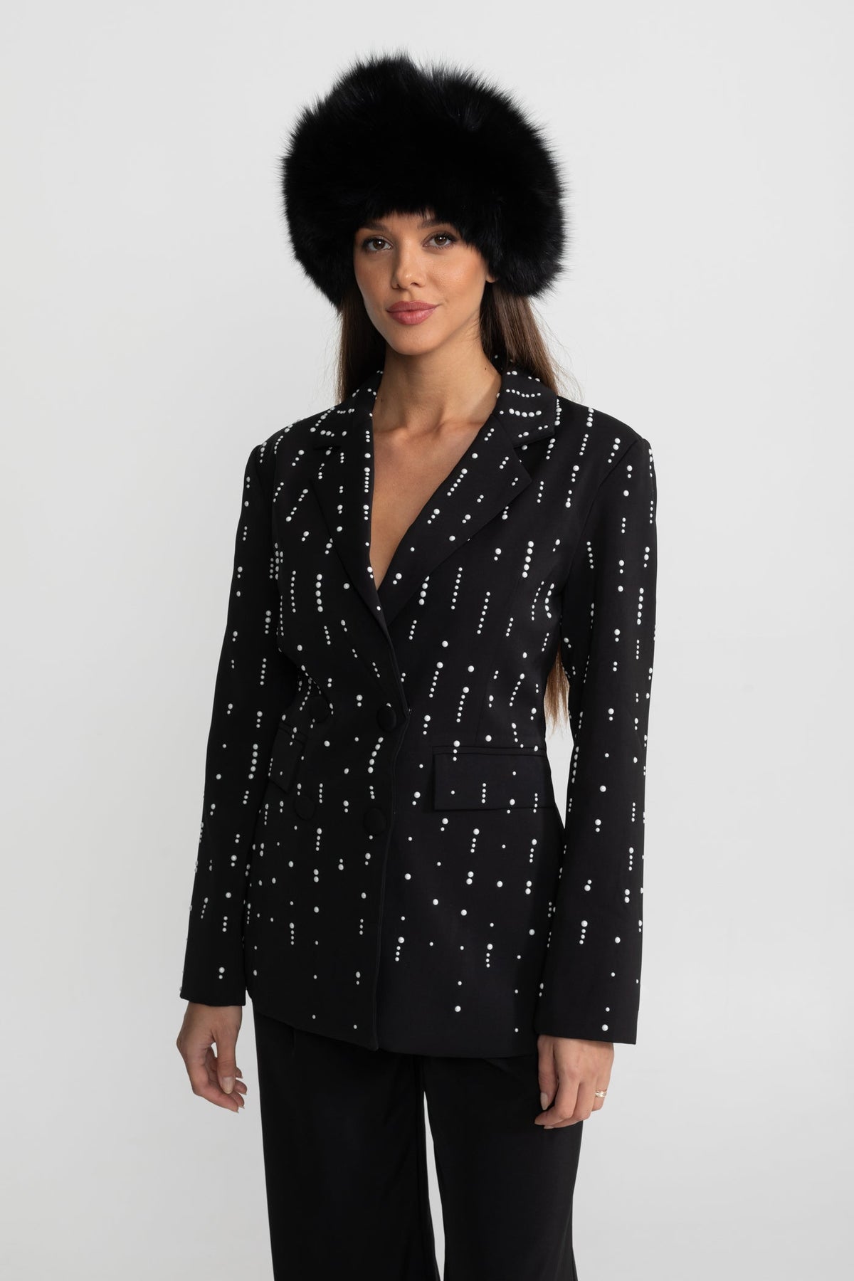 Tailored Blazer With White Bead Embellishments - Black
