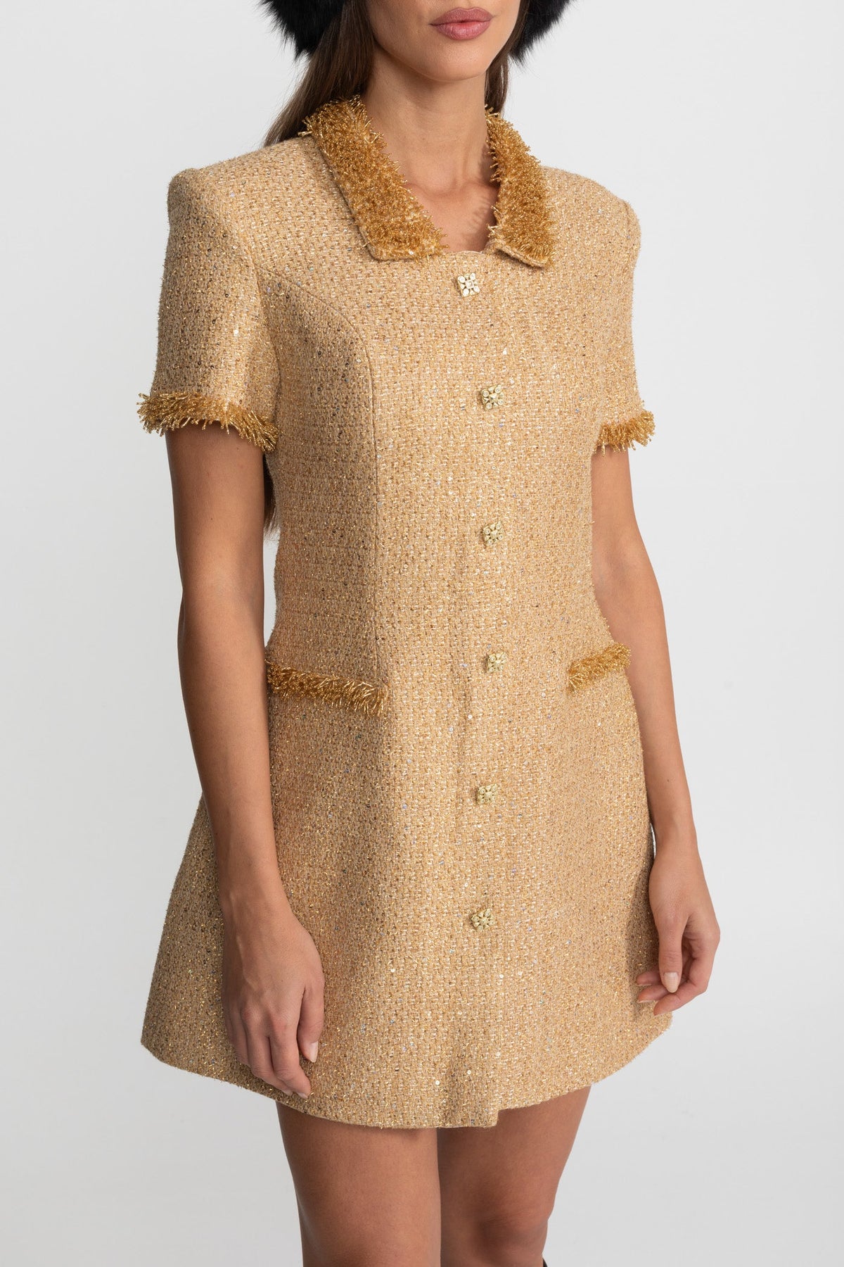 Short Sleeve Tweed Mini Dress With Metallic Fringe Trim – Gold