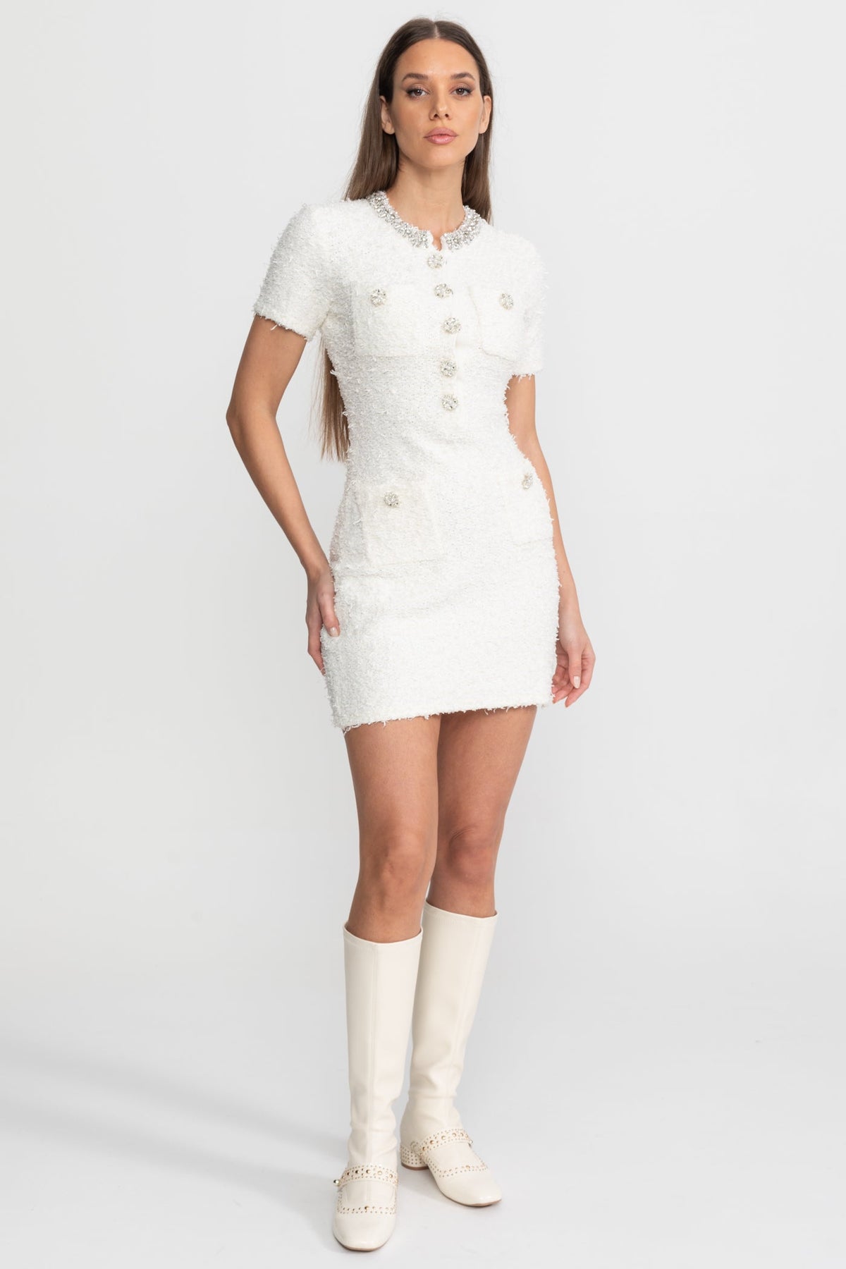 Embellished Tweed Mini Dress with Crystal Button Details – White