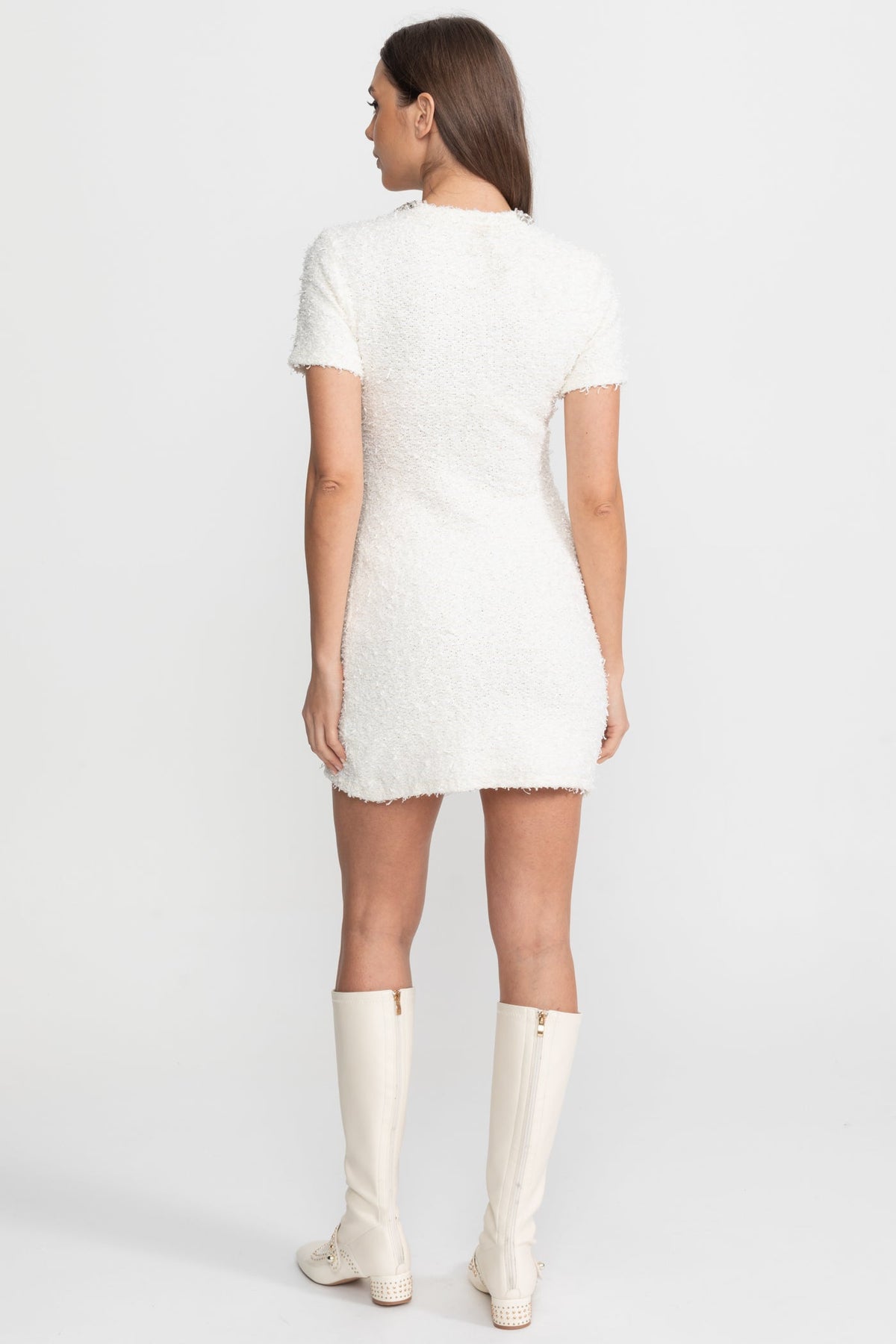 Embellished Tweed Mini Dress with Crystal Button Details – White
