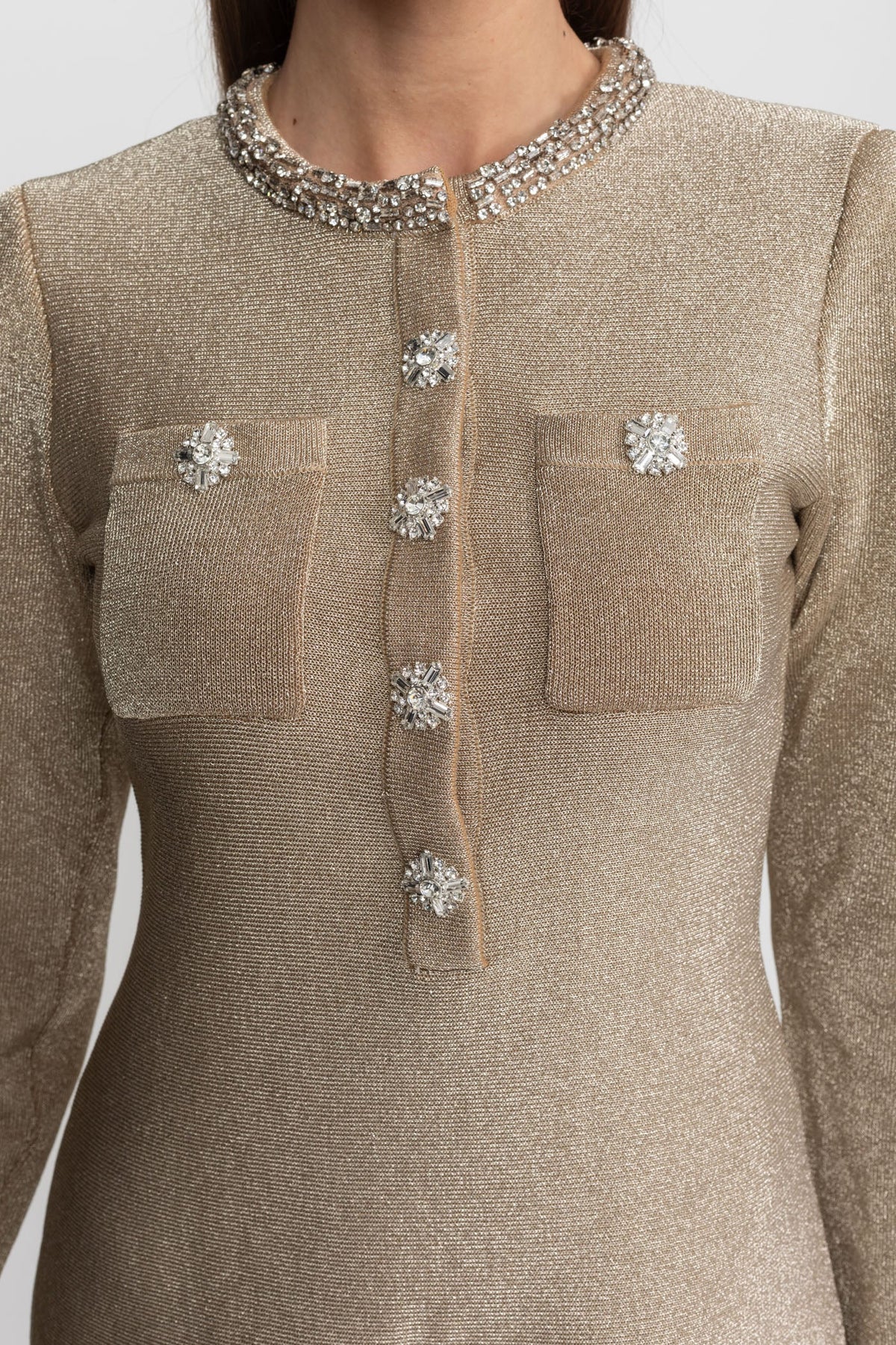 Shimmer Mini Dress with Crystal Button Embellishments – Champagne