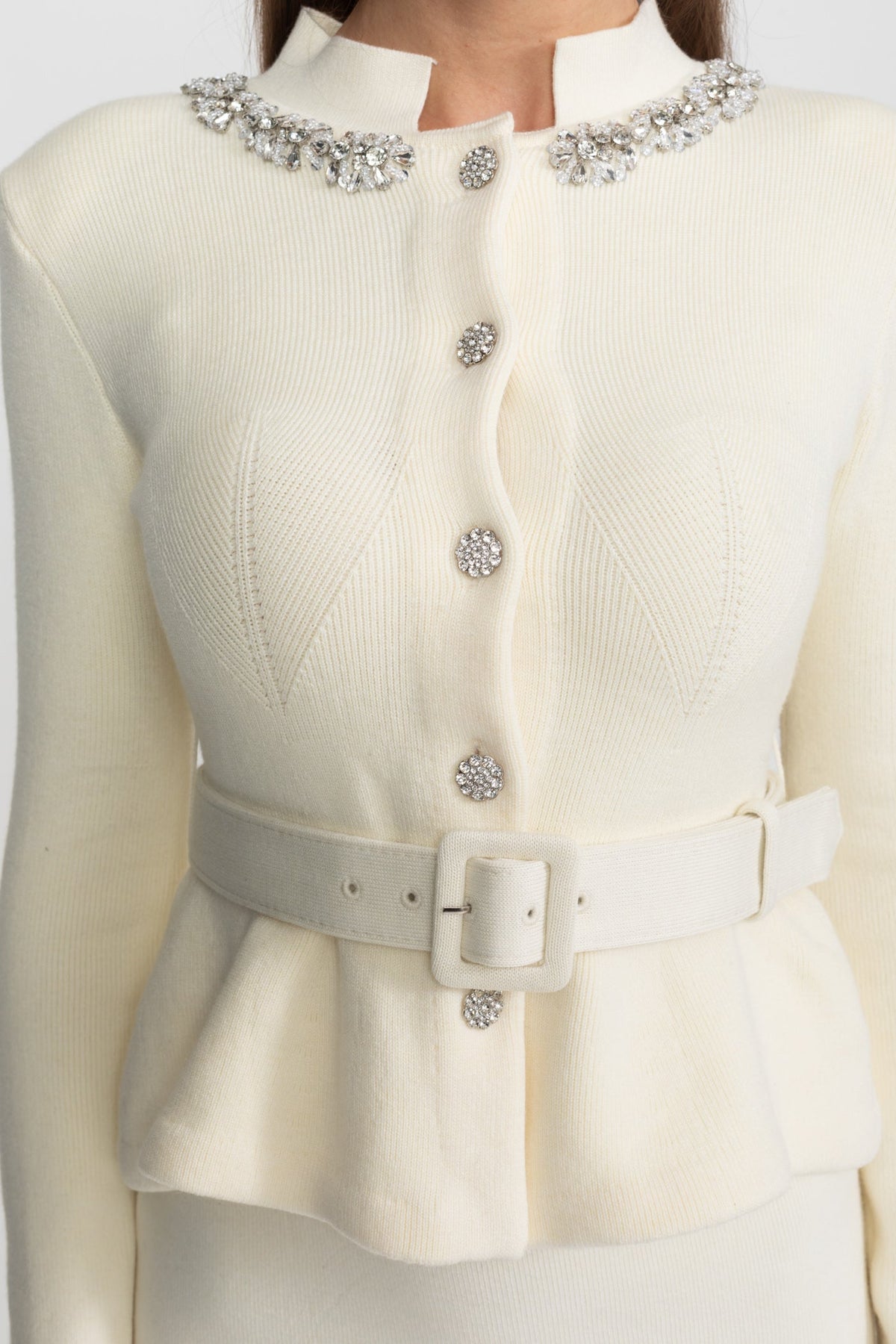 Midi Dress with Peplum Waist and Crystal Collar – Ivoire