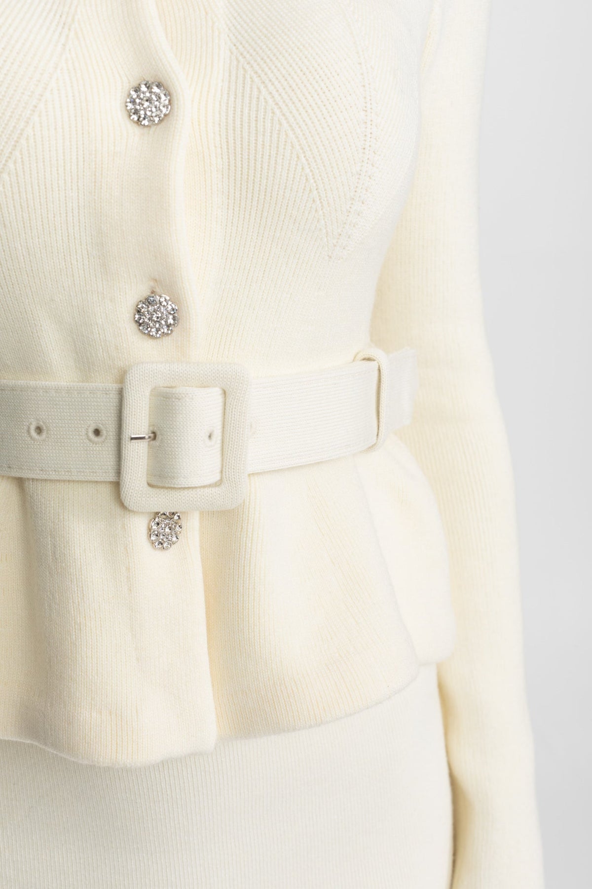 Midi Dress with Peplum Waist and Crystal Collar – Ivoire