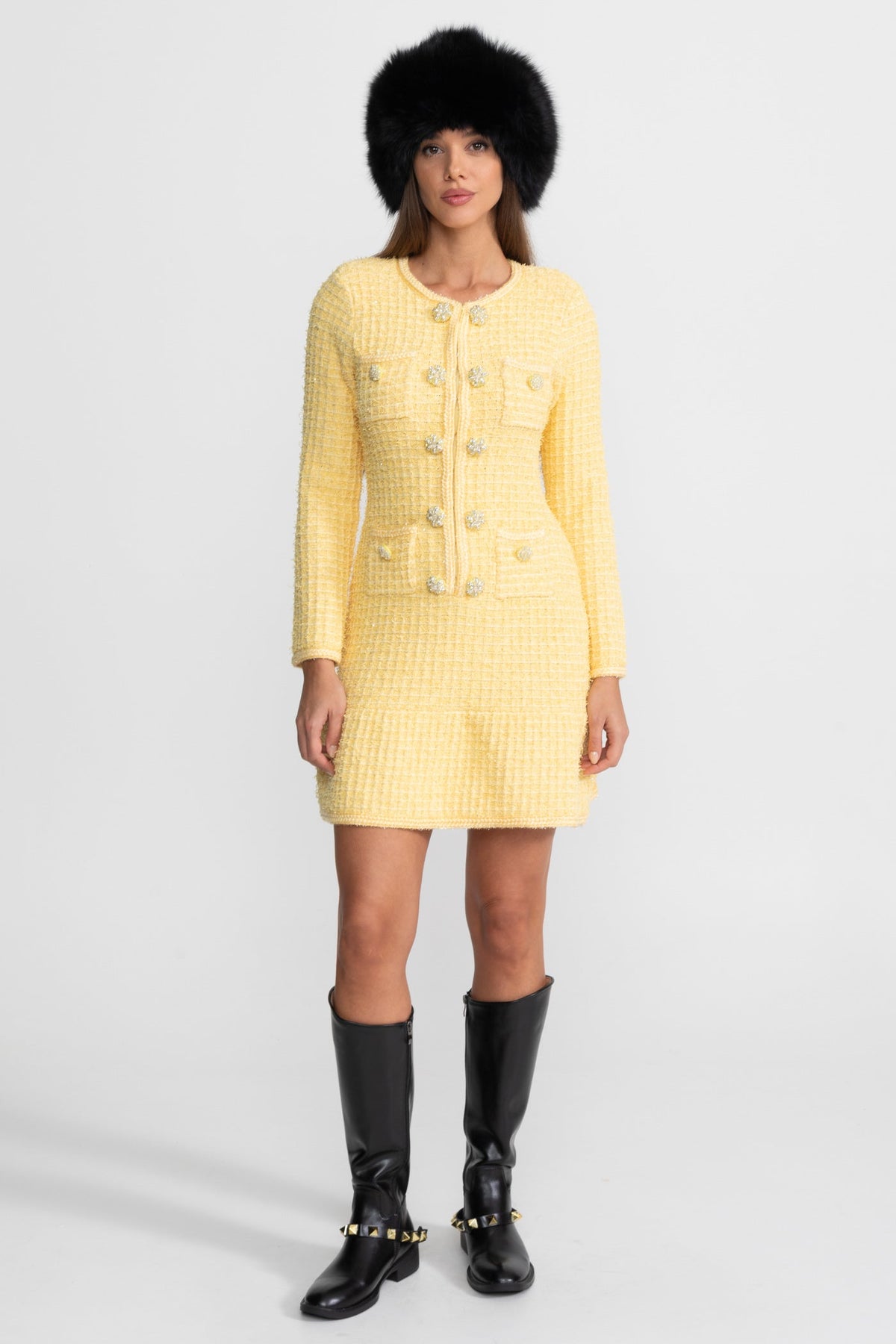 Long Sleeve Knee-Length Knitted Dress – Yellow