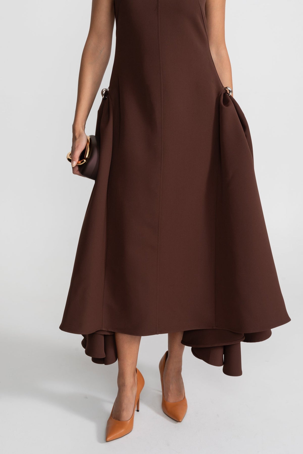 Structured Midi Dress with High-Low Hem and Metal Ring Details - Brown