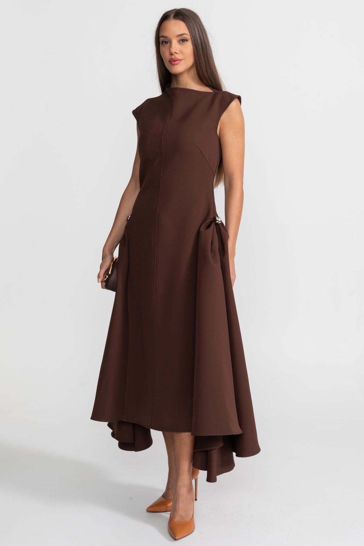 Structured Midi Dress with High-Low Hem and Metal Ring Details - Brown