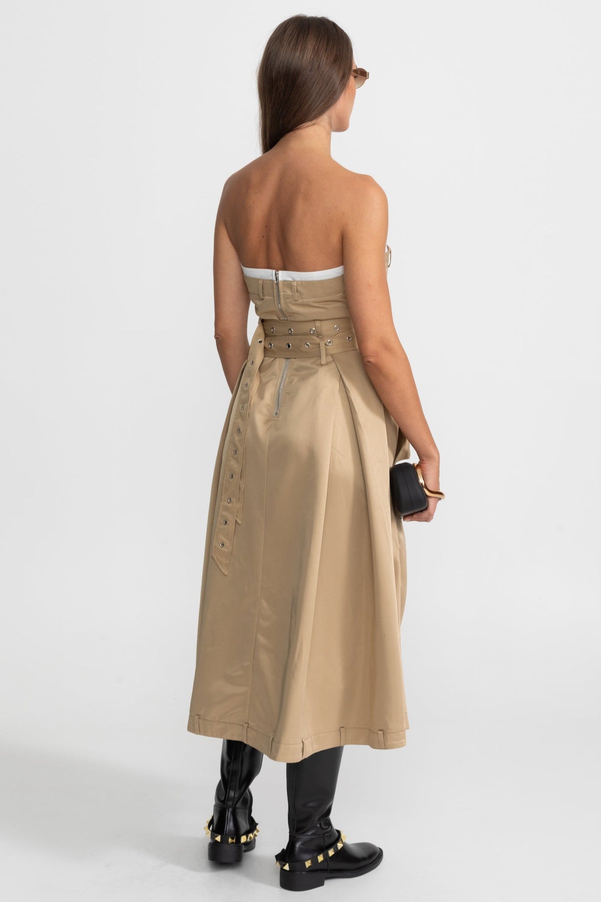 Strapless Trench Midi Dress With Belted Waist – Beige
