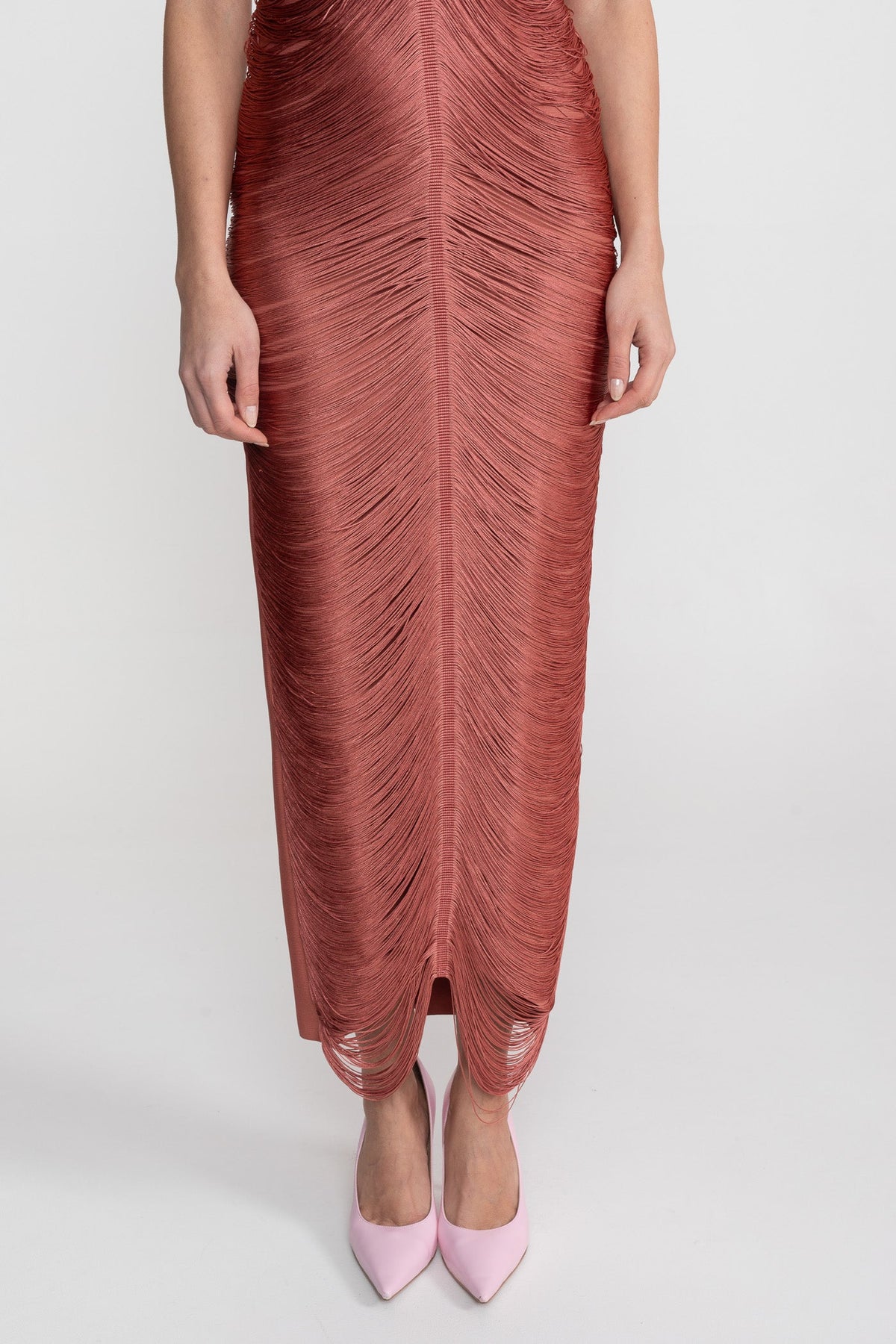 Halter Neck Midi Dress With All-Over Pleated Texture - Light Brown