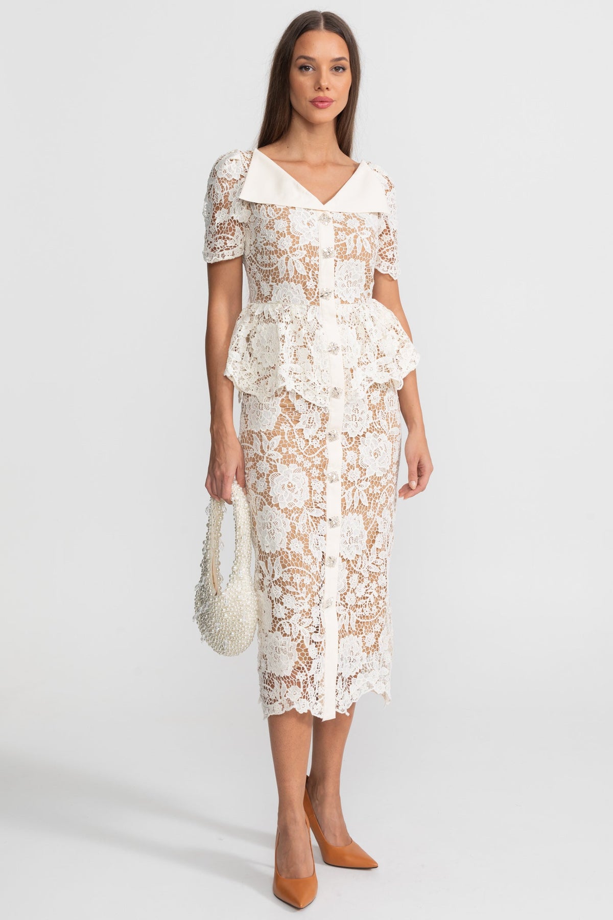 Lace Midi Dress with Peplum Waist and Satin Collar - White