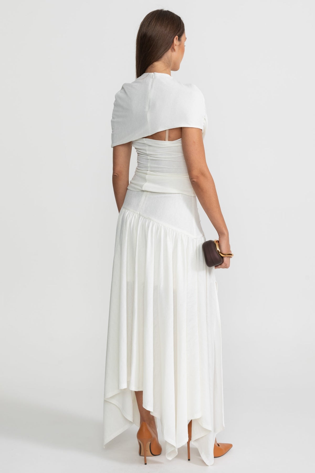Asymmetric Jersey Co-Ord with Draped Shoulder and Cutout Detail - White
