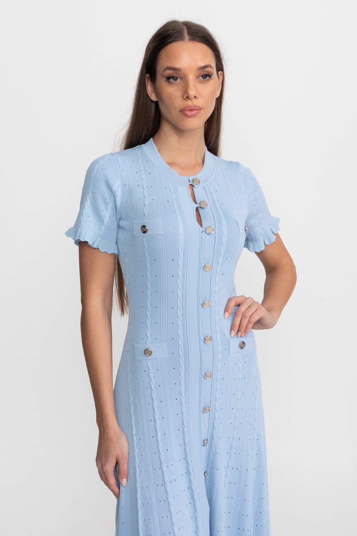 Knit Button-Front Midi Dress with Scalloped Sleeves – Baby Blue