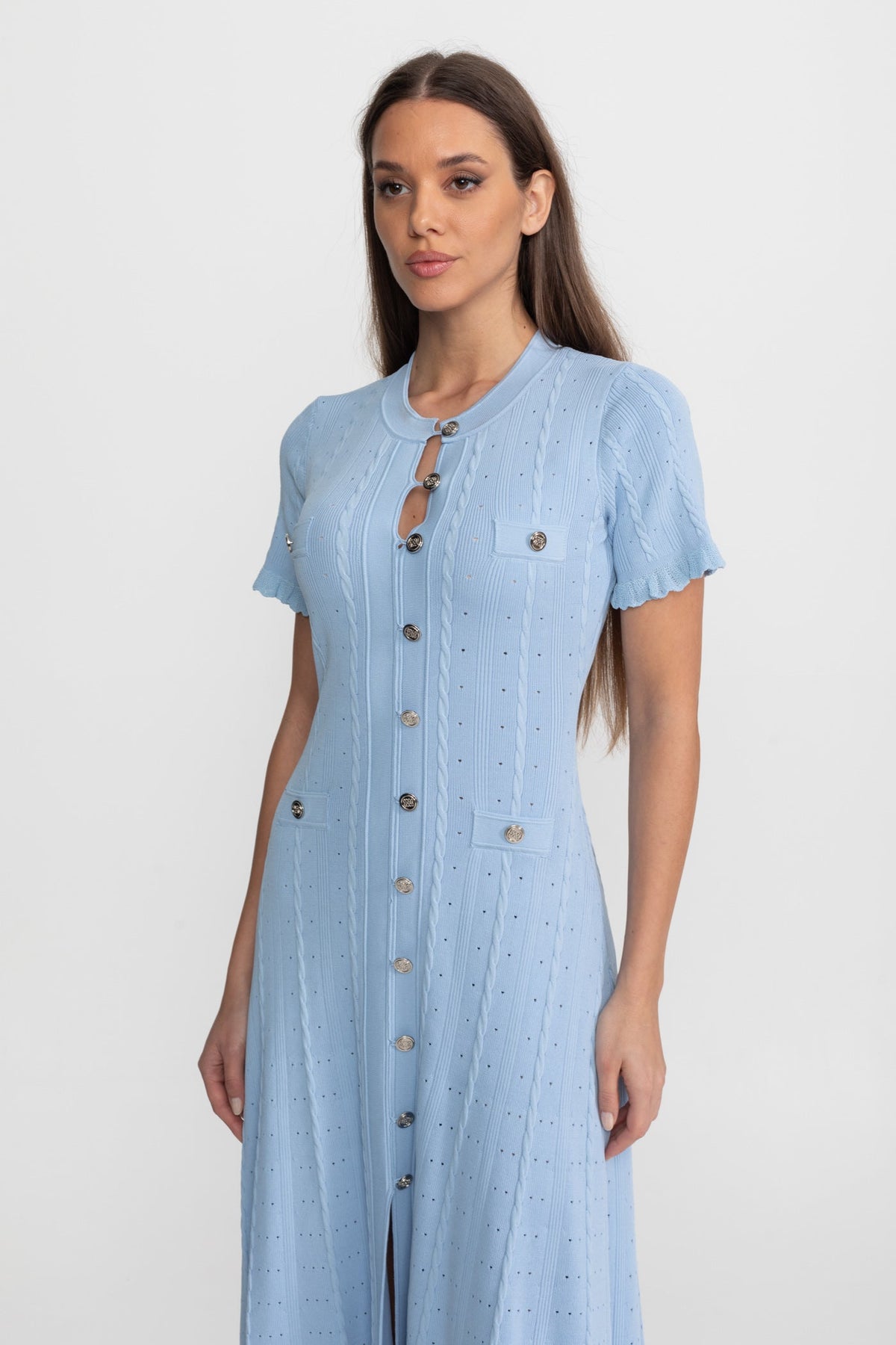 Knit Button-Front Midi Dress with Scalloped Sleeves – Baby Blue