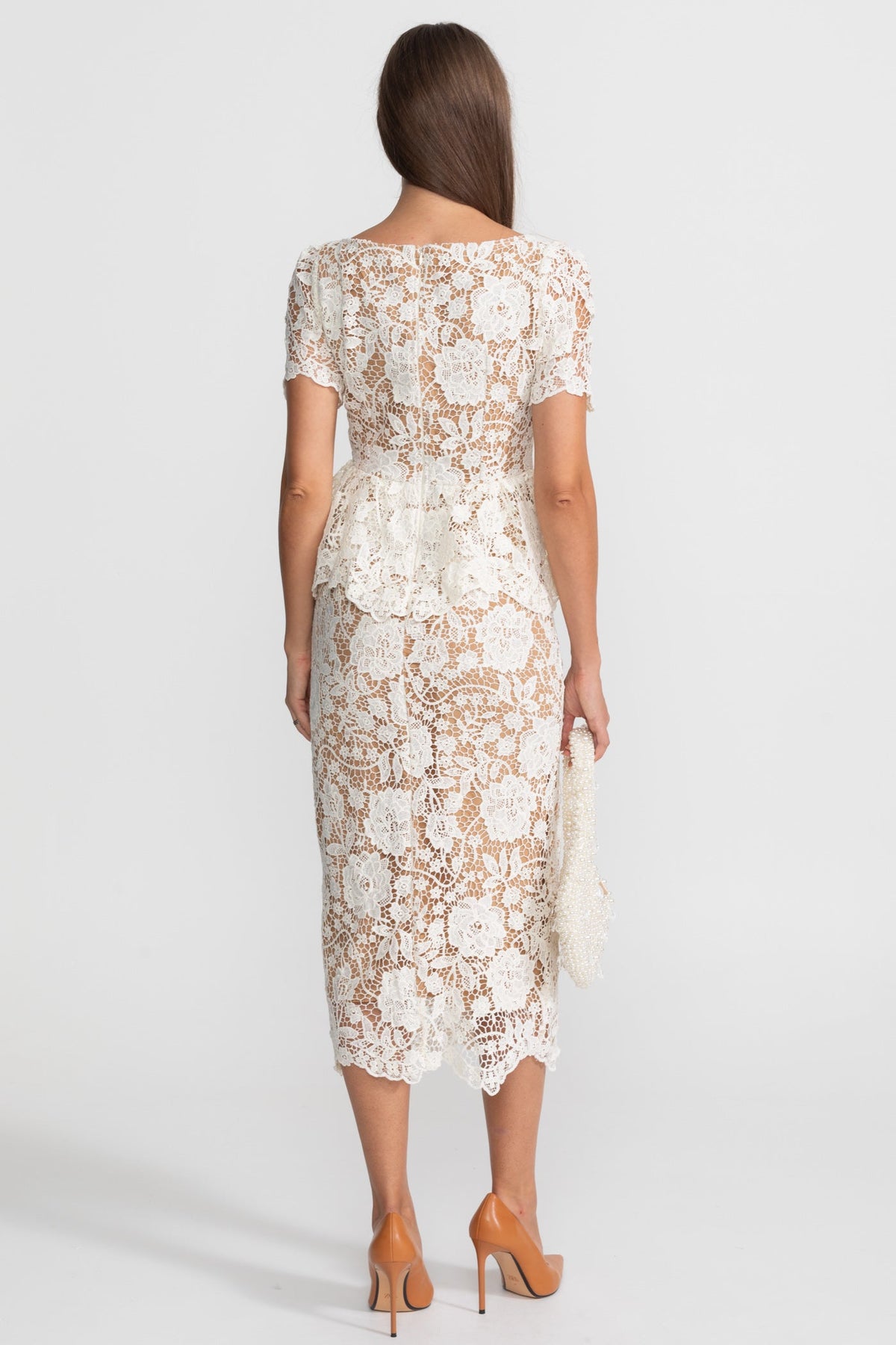 Lace Midi Dress with Peplum Waist and Satin Collar - White