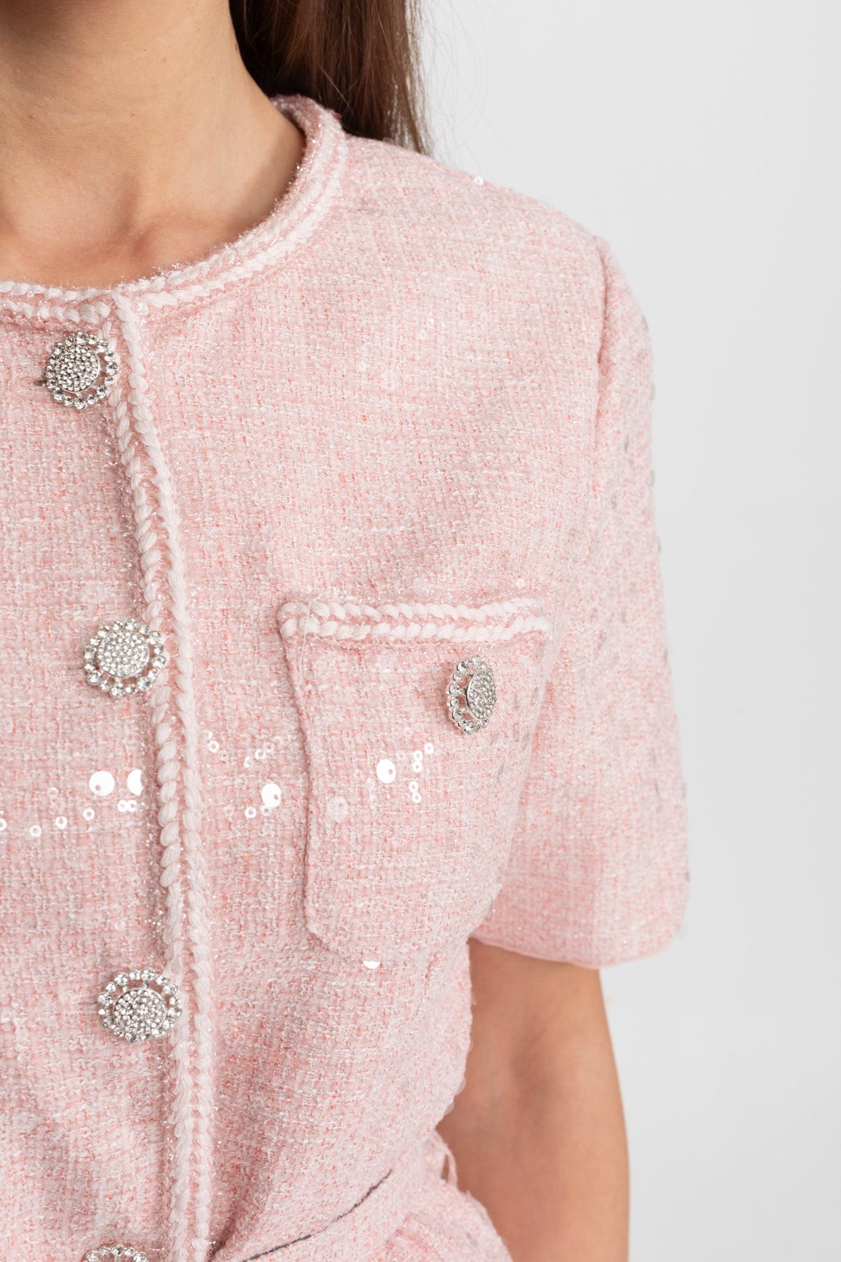 Embellished Tweed Midi Dress with Pleated Chiffon Skirt – Blush Pink