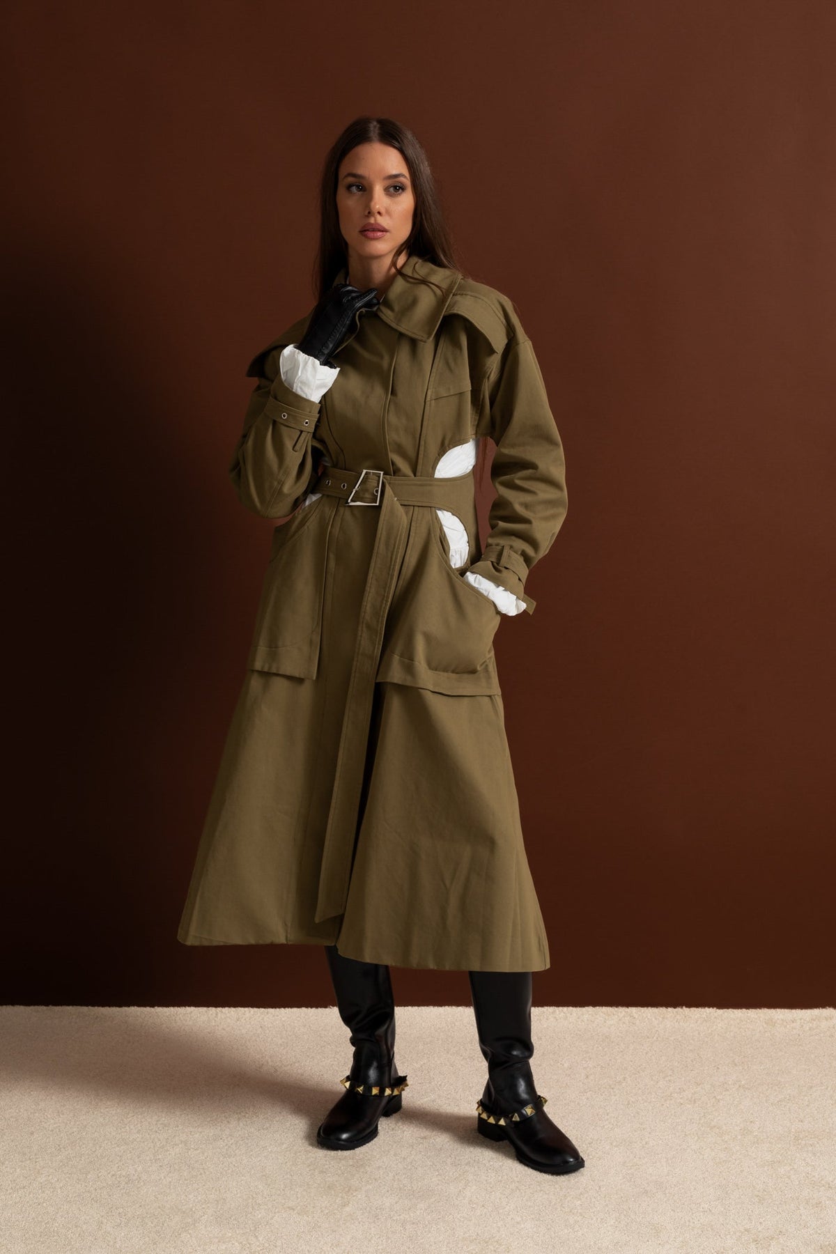 Cutout Trench Coat with Belted Waist and Utility Pockets - Khaki