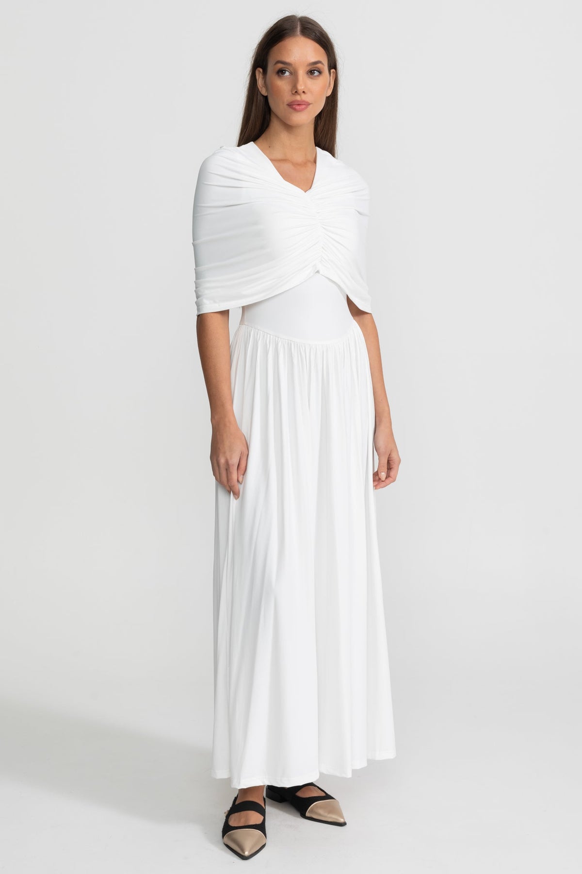 Gathered Jersey Maxi Dress with Cape Effect - White