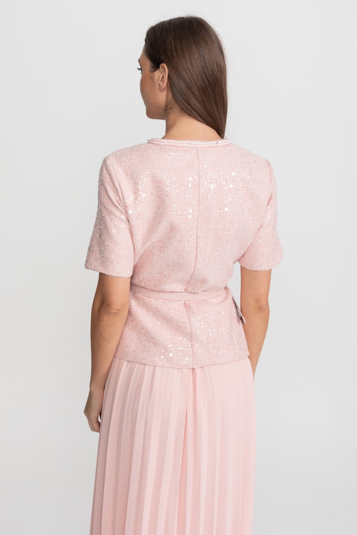 Embellished Tweed Midi Dress with Pleated Chiffon Skirt – Blush Pink
