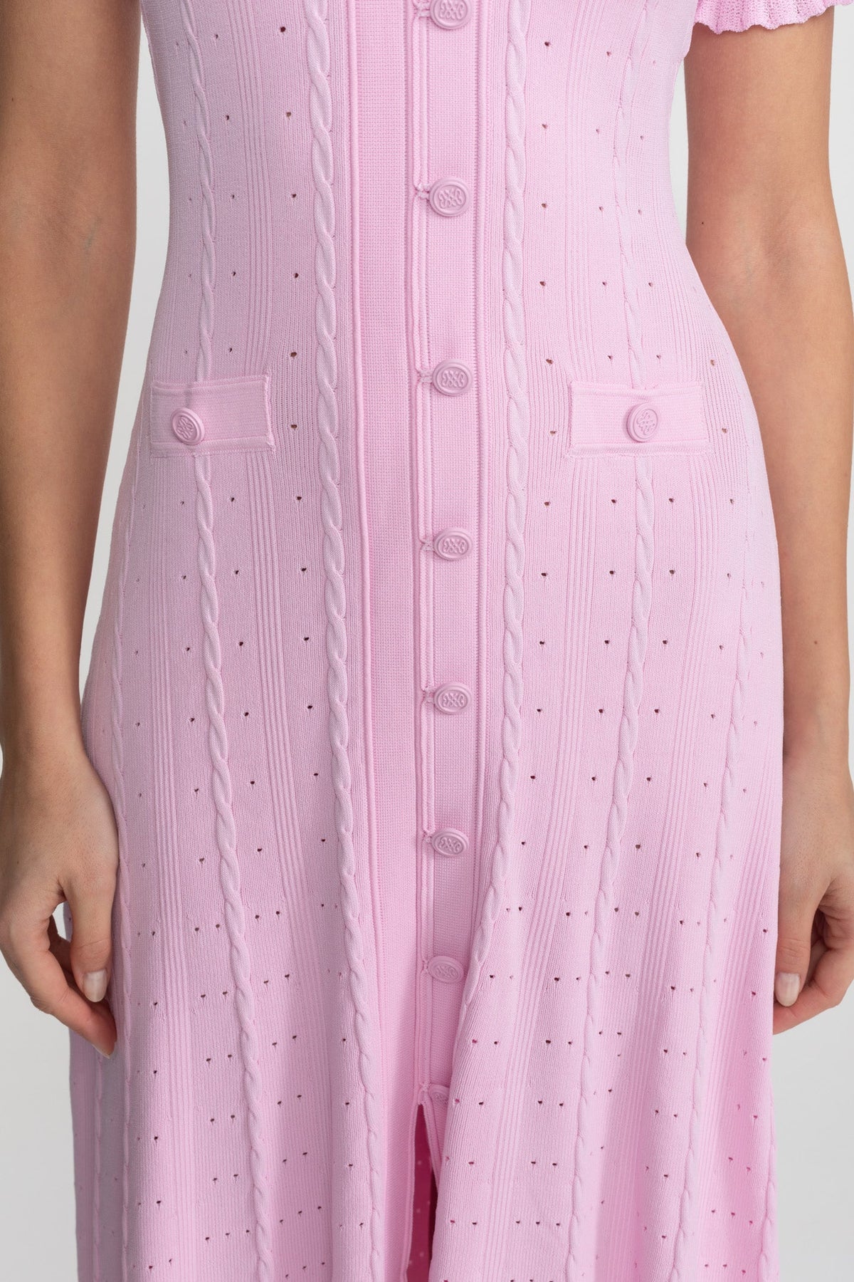 Knit Button-Front Midi Dress with Scalloped Sleeves – Pink