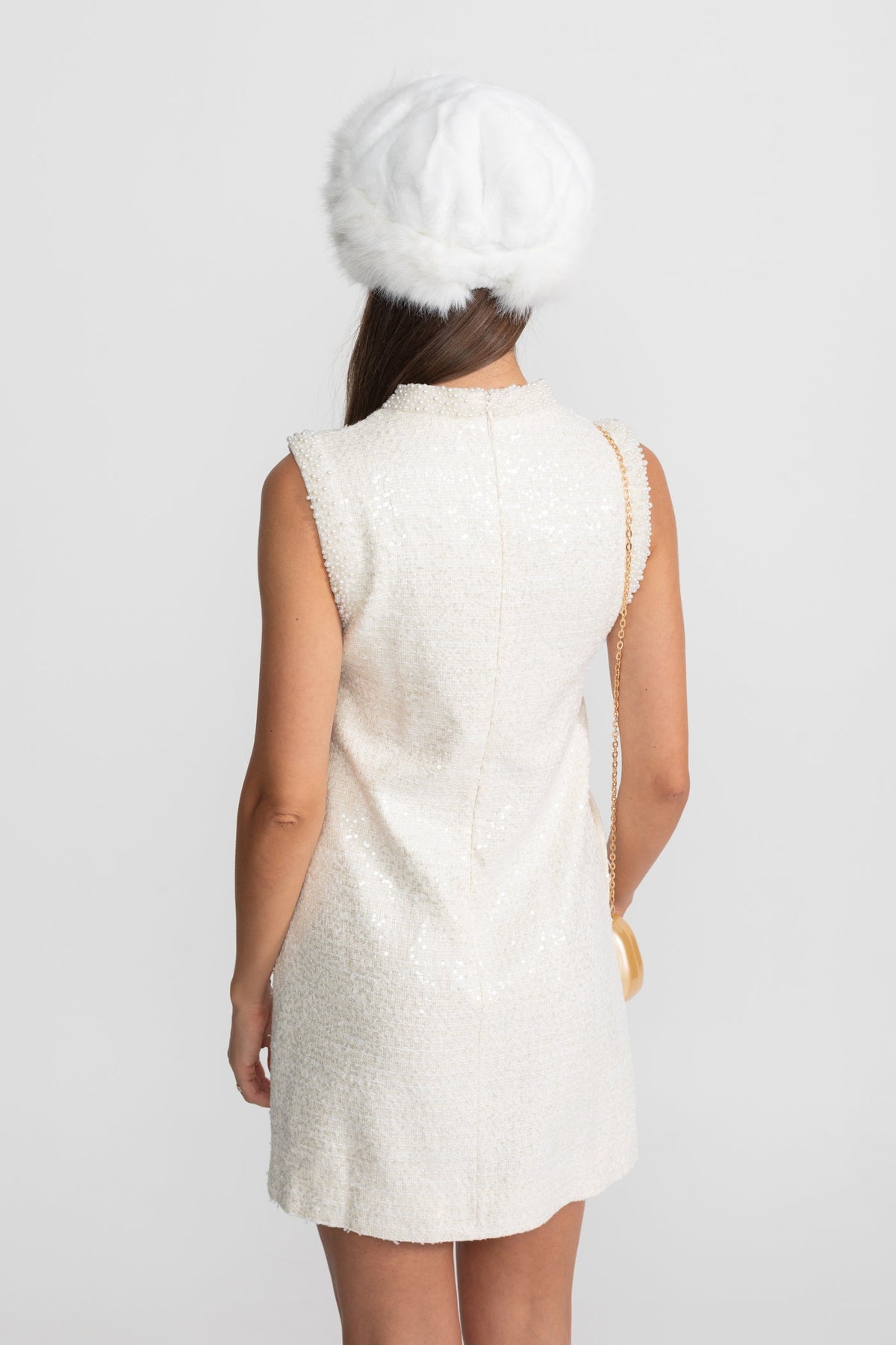 Sequin Tweed Mini Dress with Beaded Collar – White