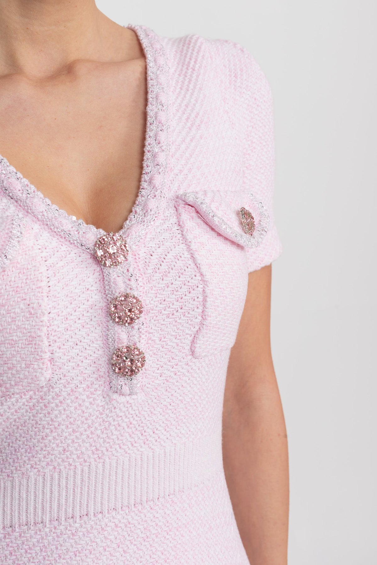 Textured Short Sleeve Mini Dress With V-Neckline And Jewel Buttons - Pink
