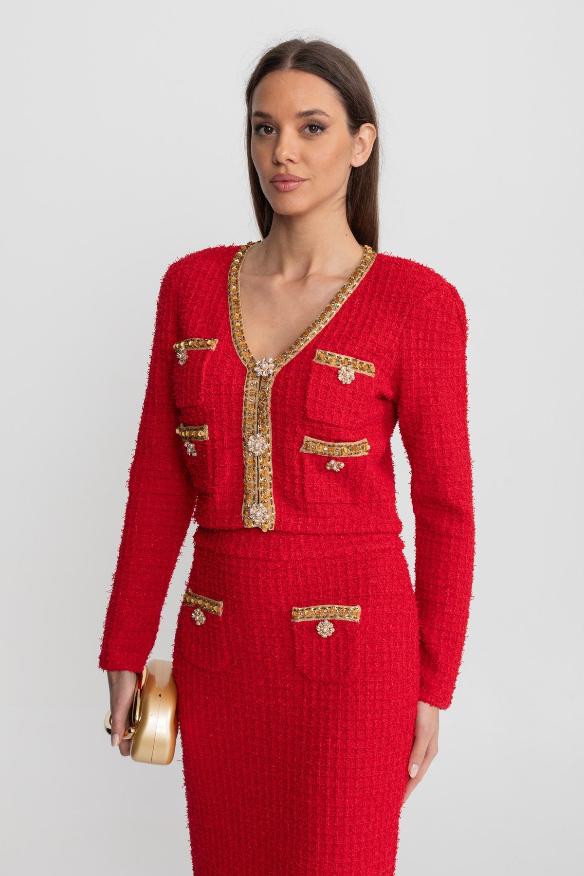 Textured Tweed Co-Ord Set with Gold Trim and Crystal Buttons – Red
