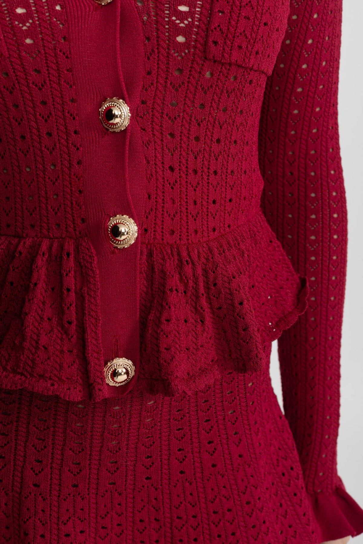 Pointelle Knit Mini Dress with Peplum Hem – Dark Red