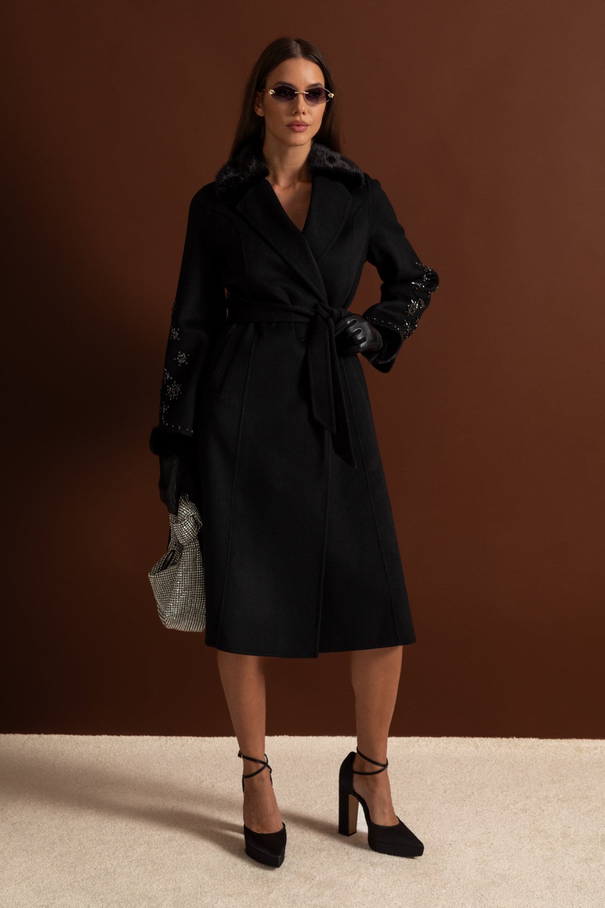 Embellished Wool Overcoat With Fox Fur Collar – Black