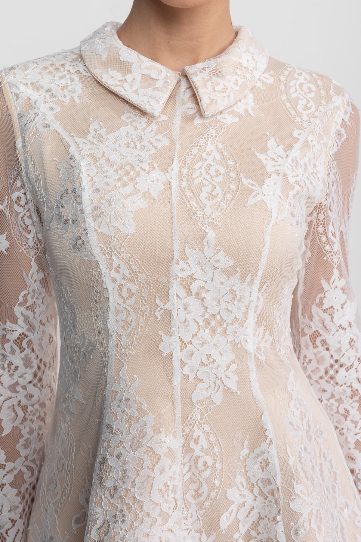 Long Sleeve Lace Mini Dress With Collared Neckline With Sheer Overlay - Ivoire
