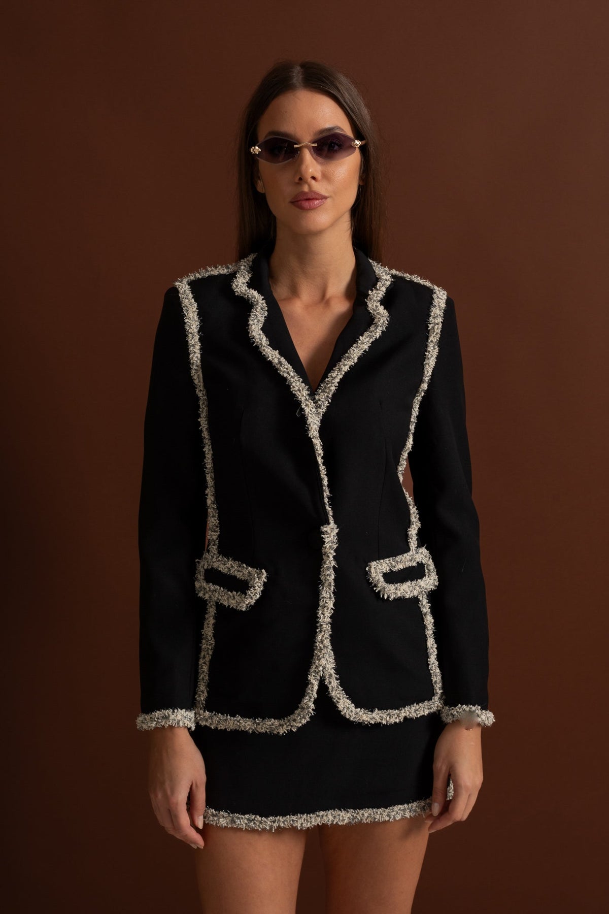 Tweed Set With Sparkling Trim Blazer And Matching Mini Skirt - Black