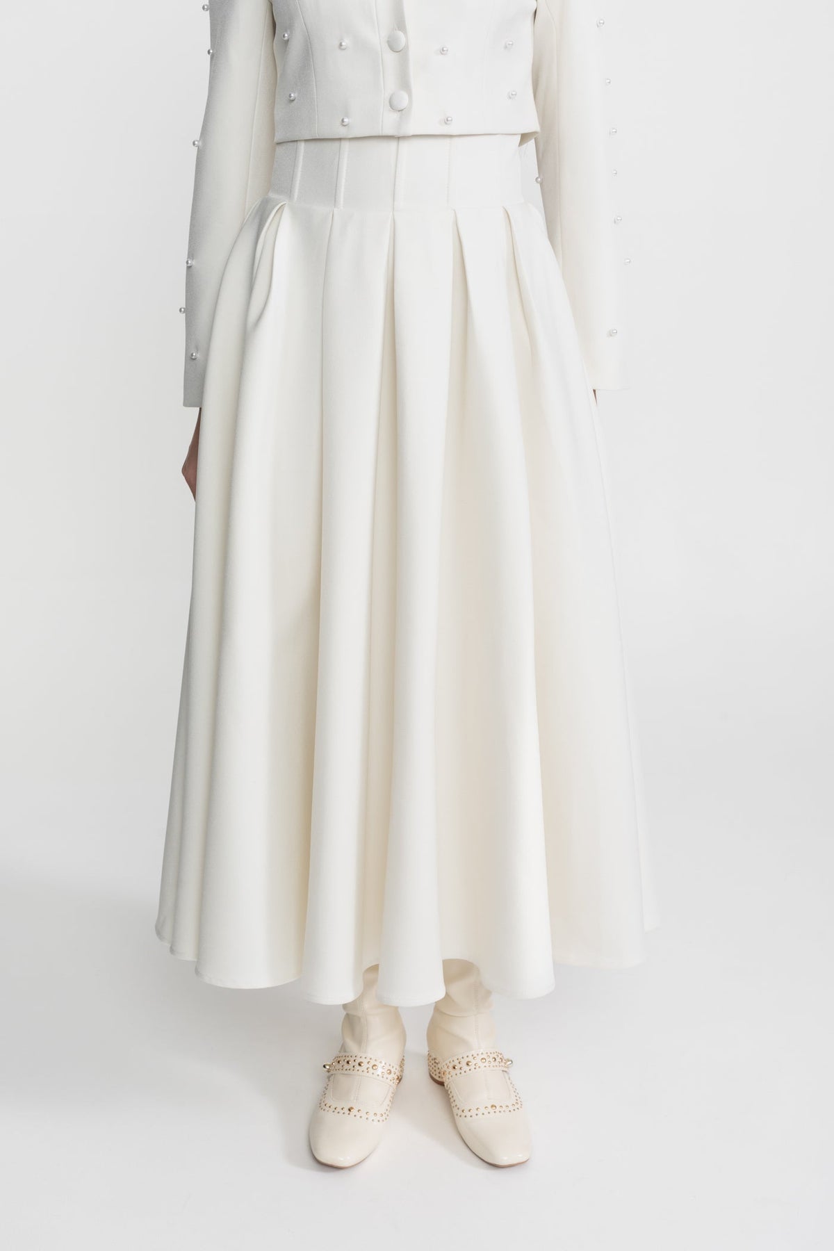 Pearl-Embellished Co-Ord Set with Cropped Jacket and Full Skirt – White