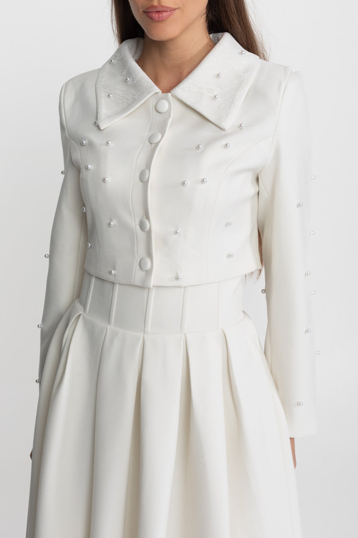Pearl-Embellished Co-Ord Set with Cropped Jacket and Full Skirt – White