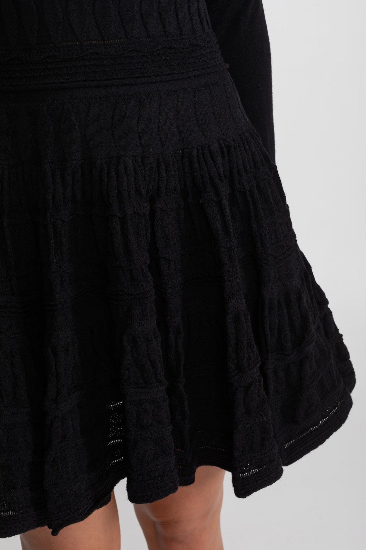 Textured Knit Mini Dress with Flared Skirt - Black