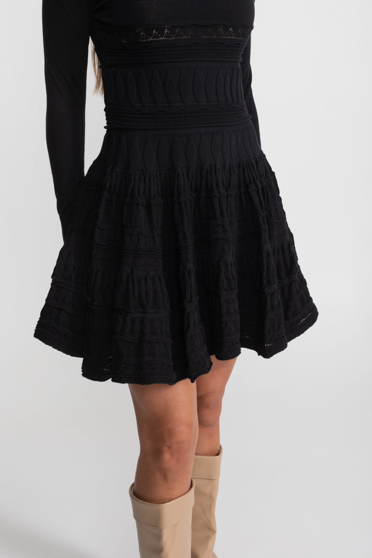 Textured Knit Mini Dress with Flared Skirt - Black